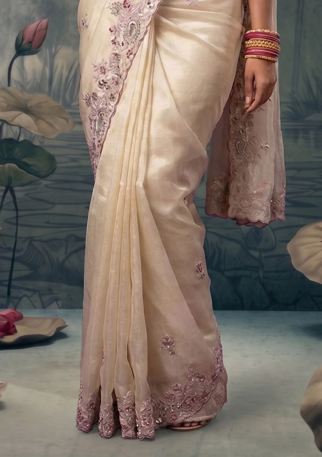 Gilded Ivory Embellished Tissue Silk Saree - Image 3