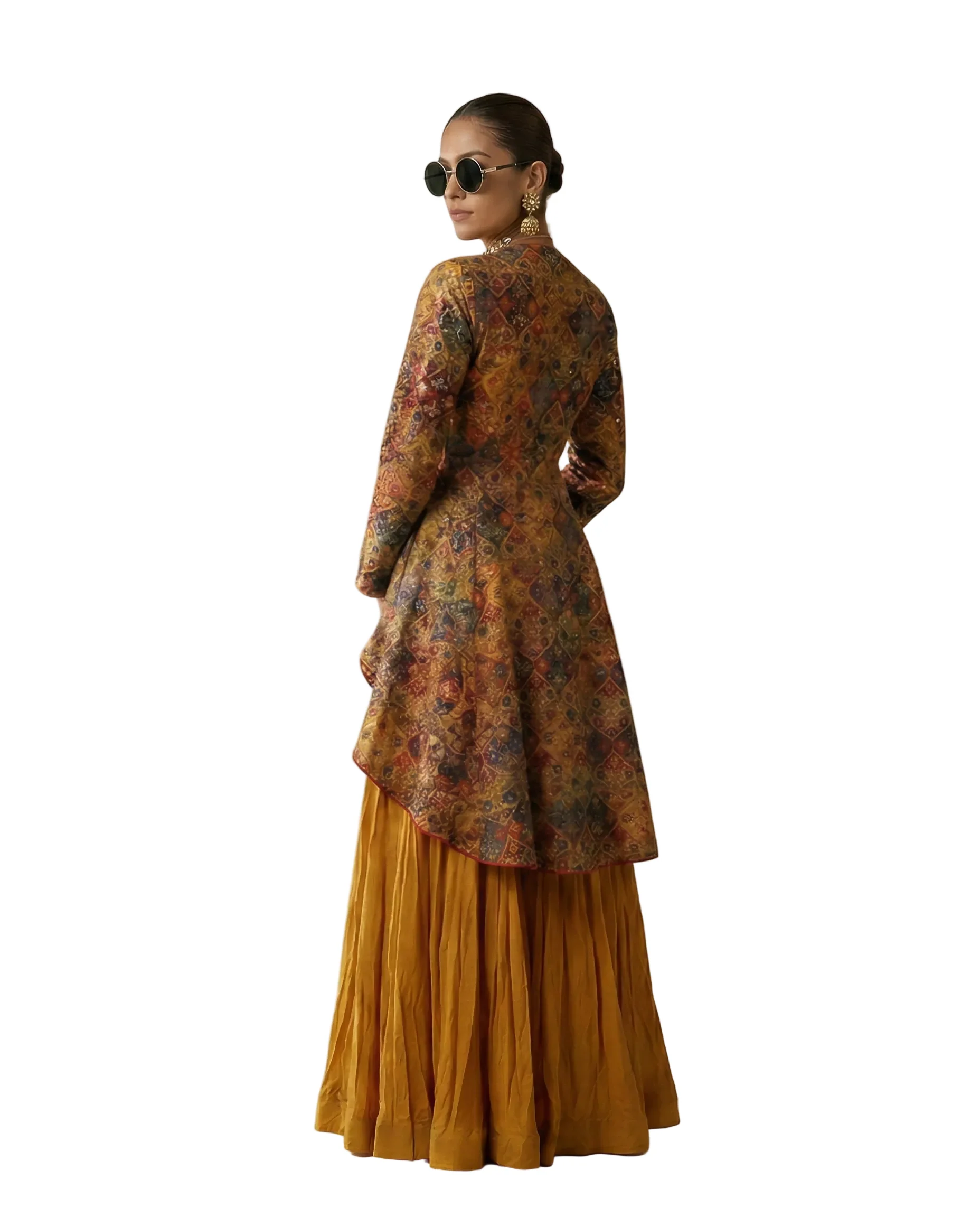 Orange Sunflare Embellished Raw Skirt Set - Image 2
