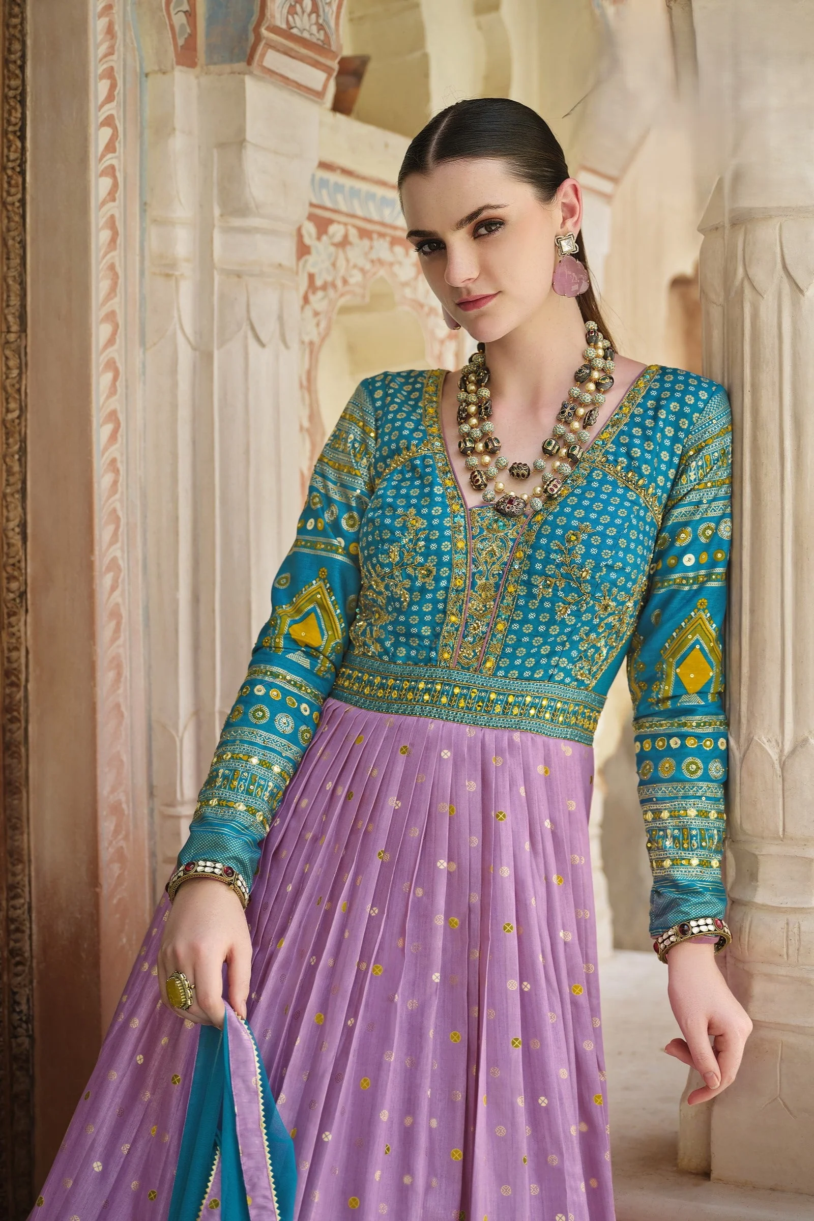 Teal Embellished Premium Silk Anarkali Set - Image 2