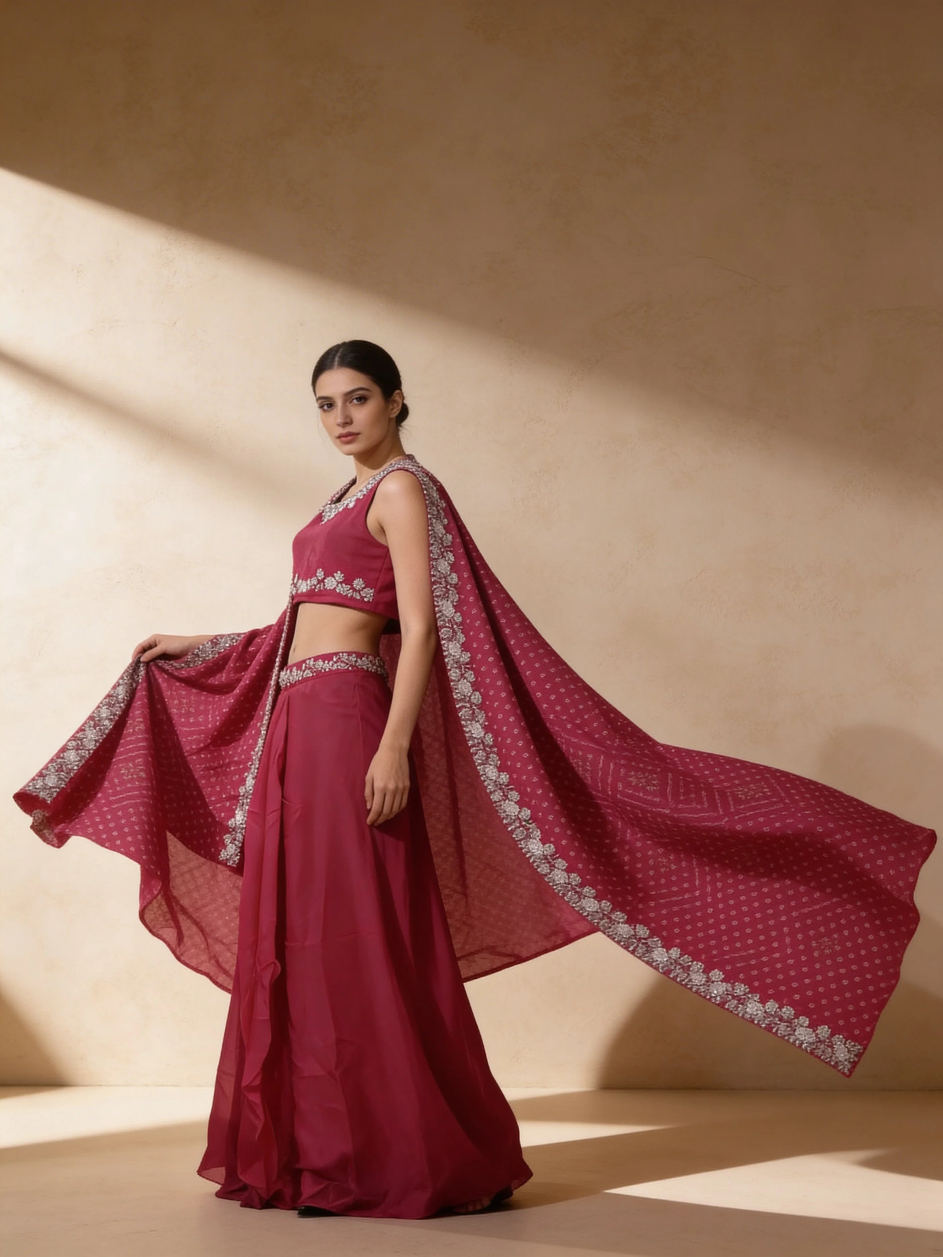 Rani Pink Embellished Georgette Silk Skirt Set