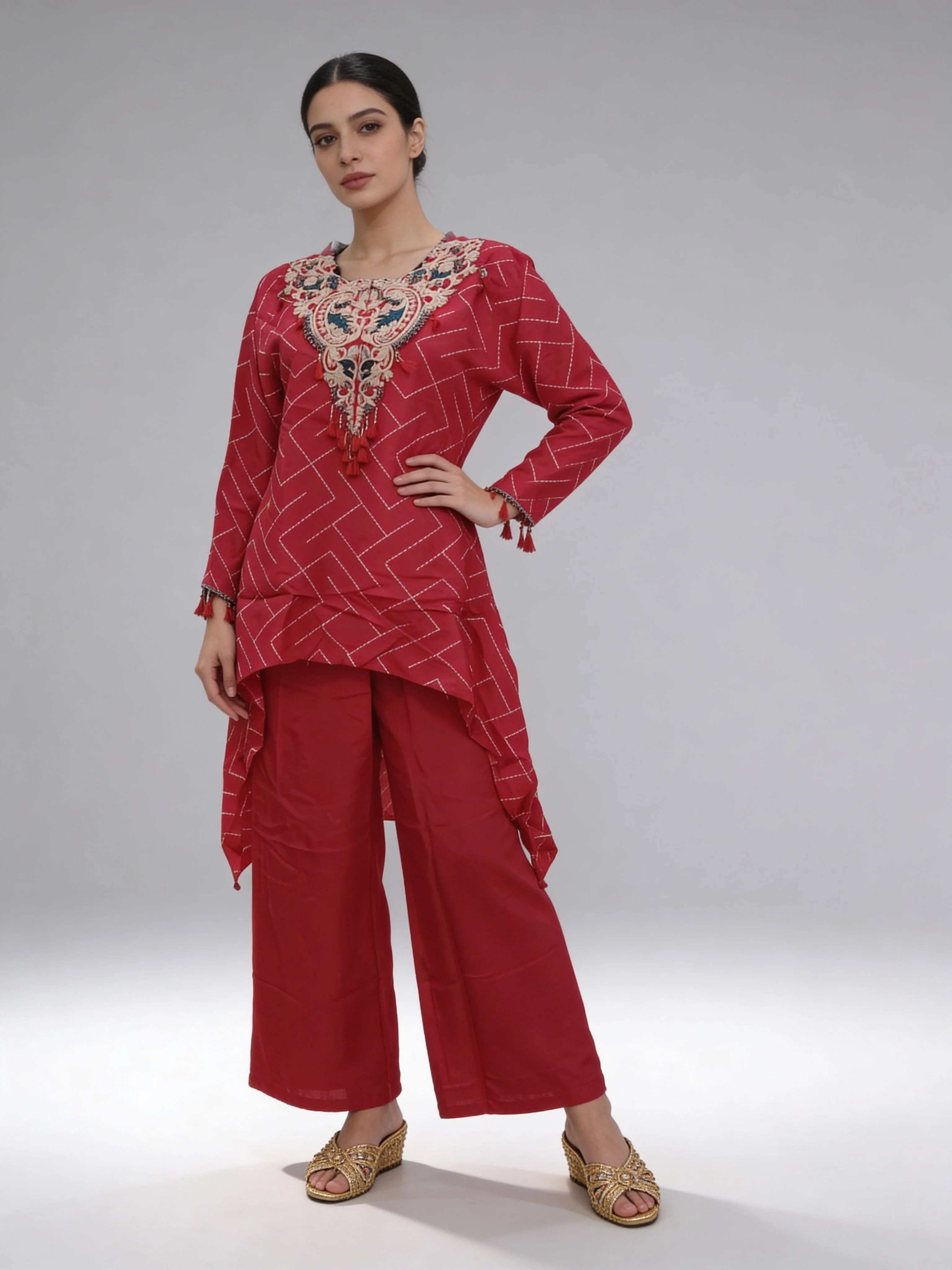 Dark Pink Embellished Premium Silk Palazzo Set