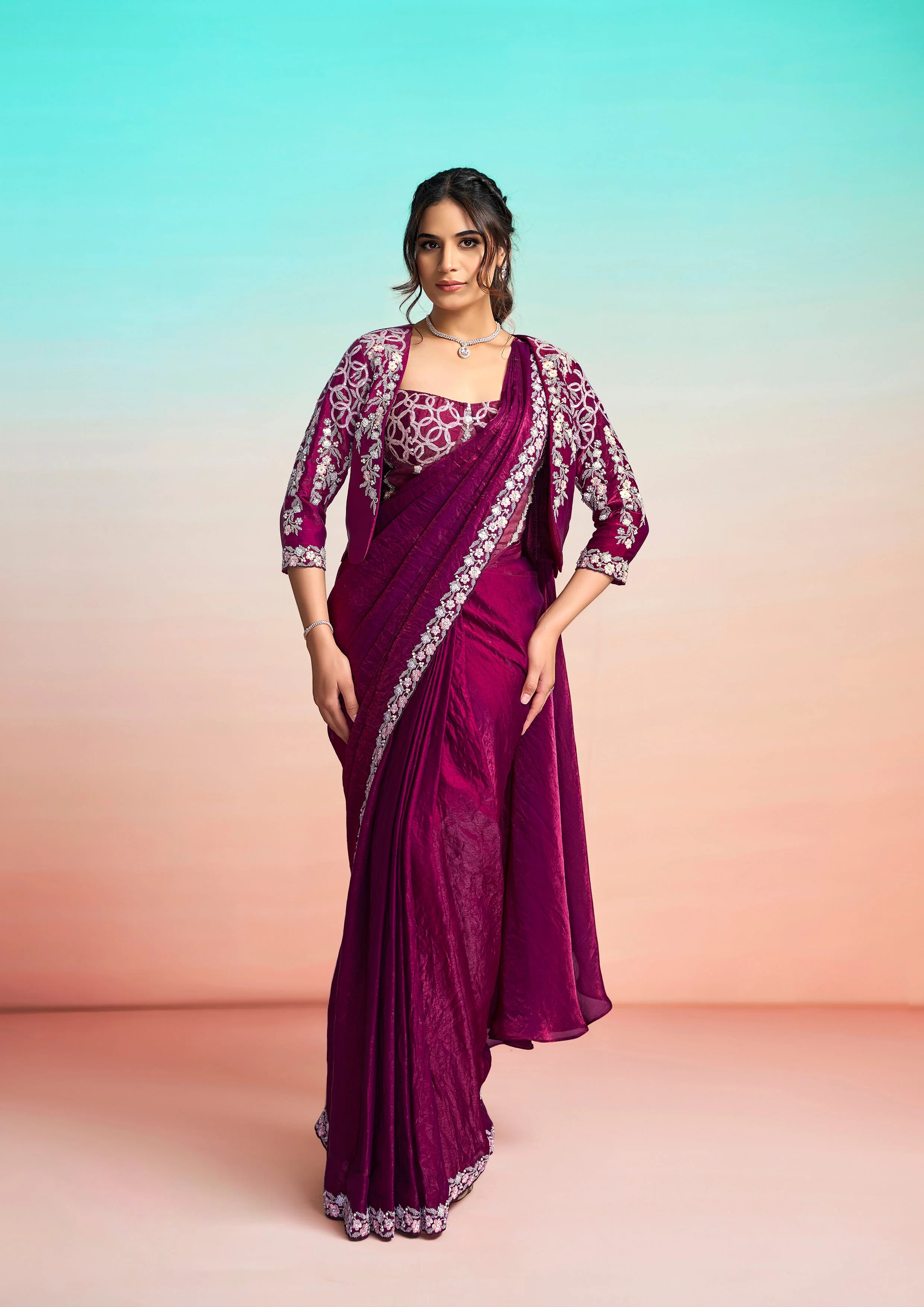 Wine Plum Embellished Satin Silk Draped Saree