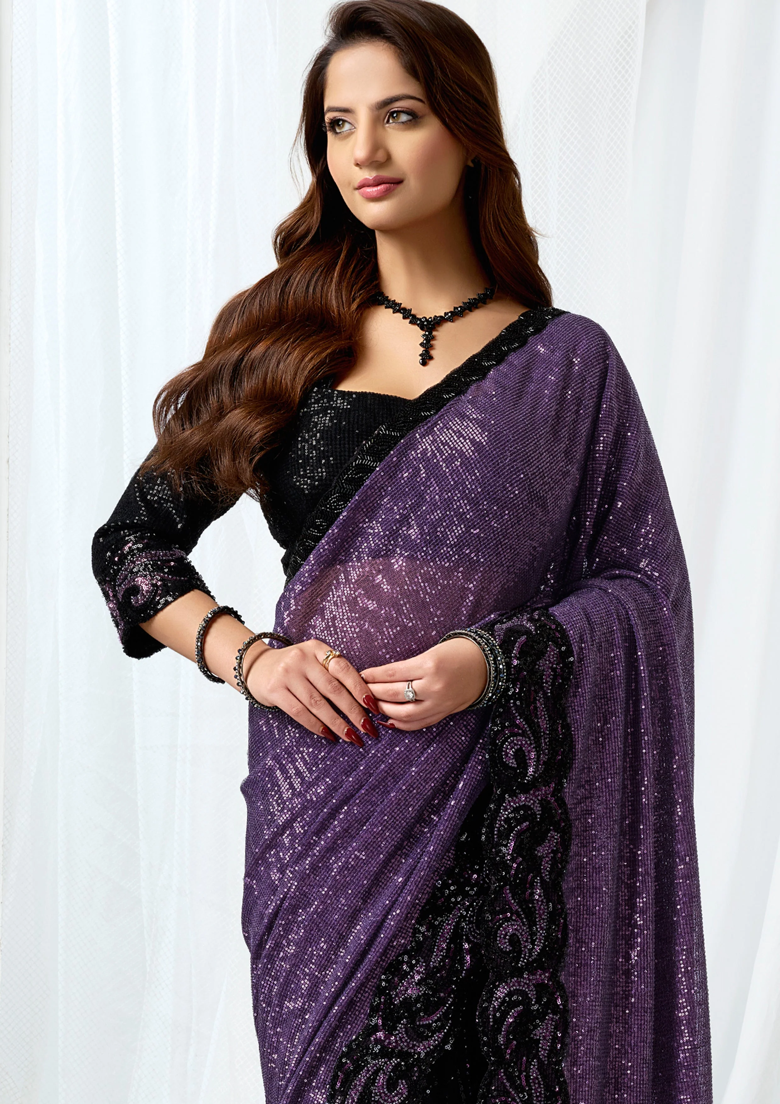 Twilight Mulberry Embellished  Premium Net Saree - Image 2