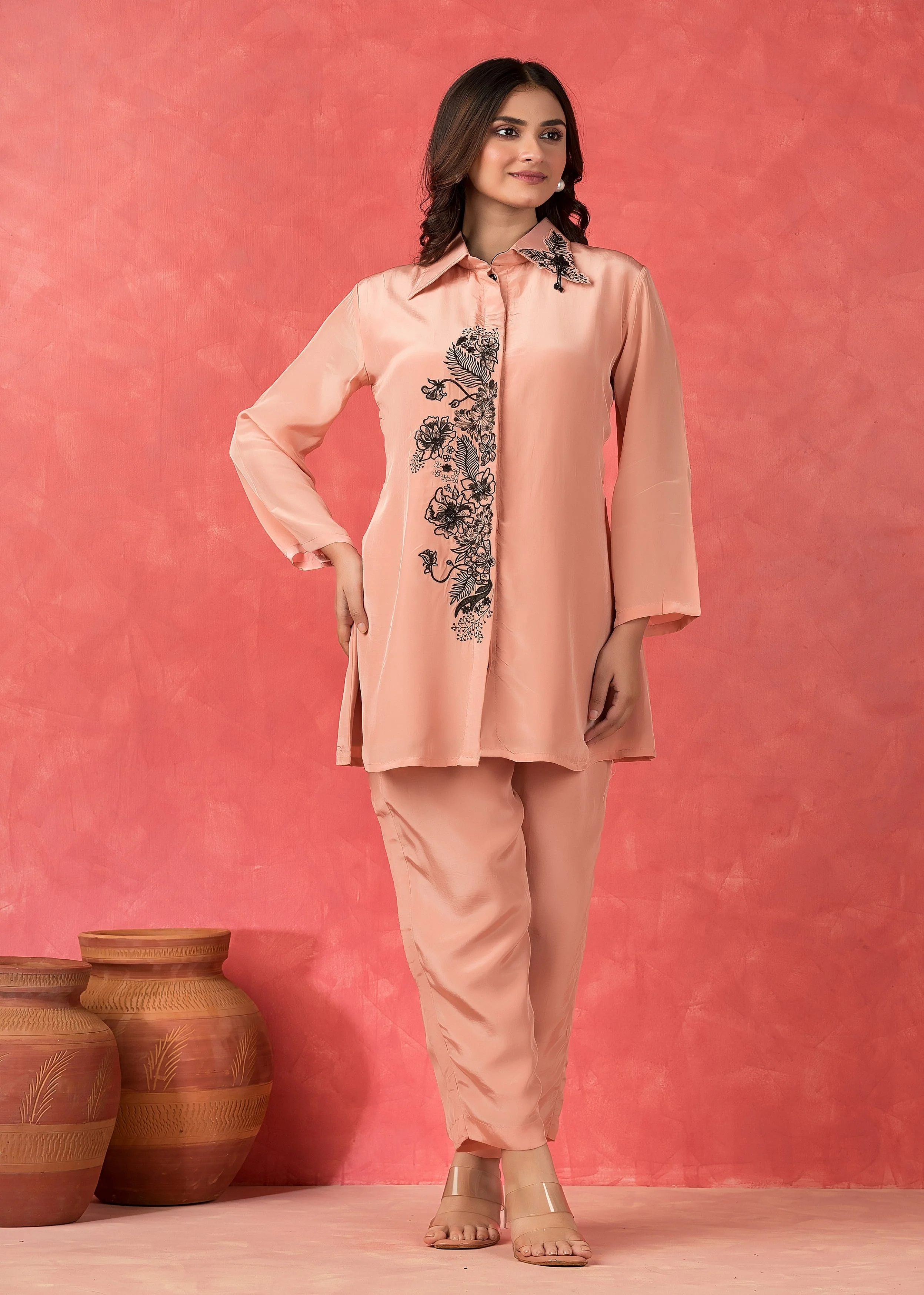 Peach Floral Embroidered Crepe Silk Co-Ord Set