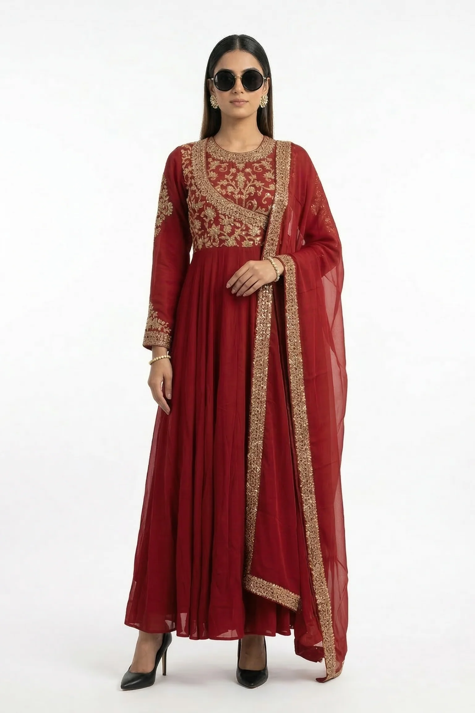 Red Meadow Embellished Raw Silk Anarkali Set