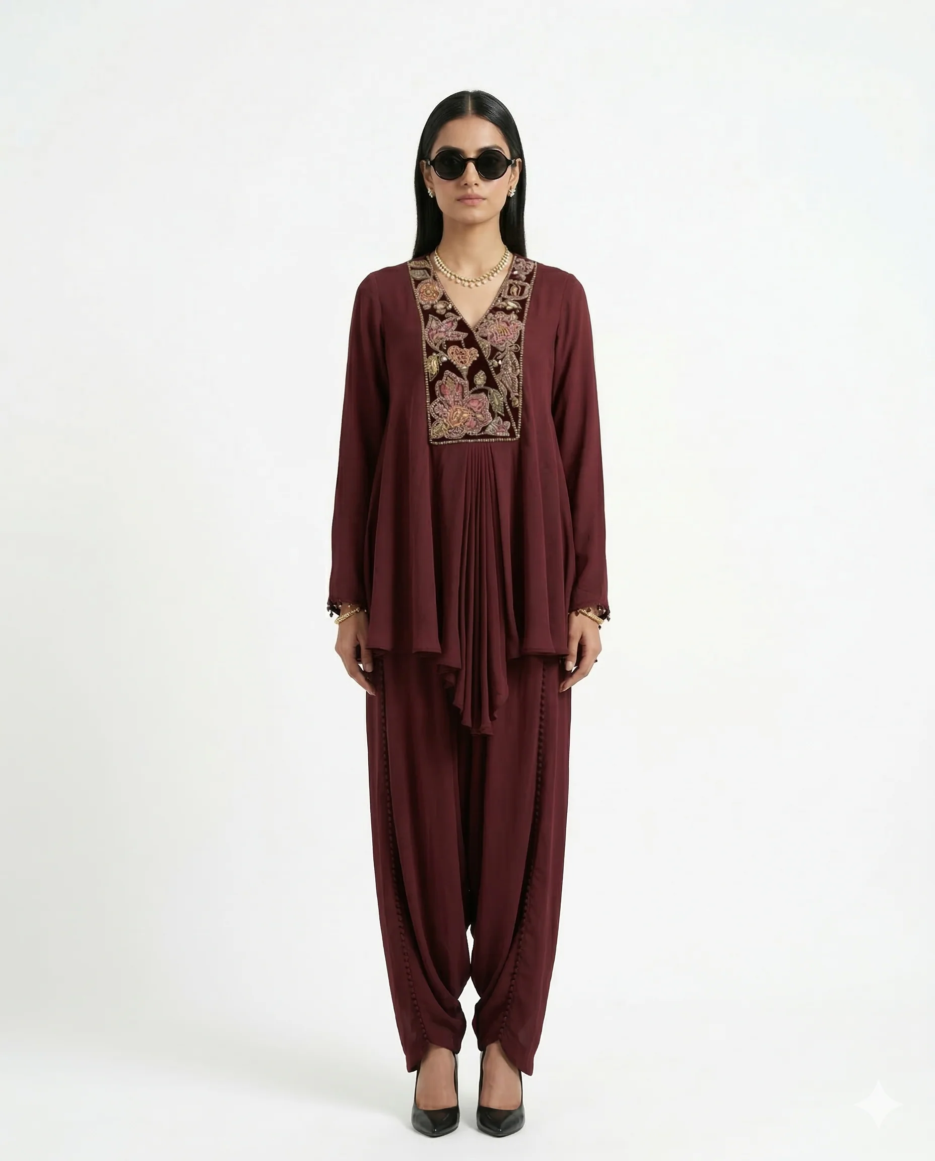 Crimson Bloom Embellished Satin Silk Co-Ord Set