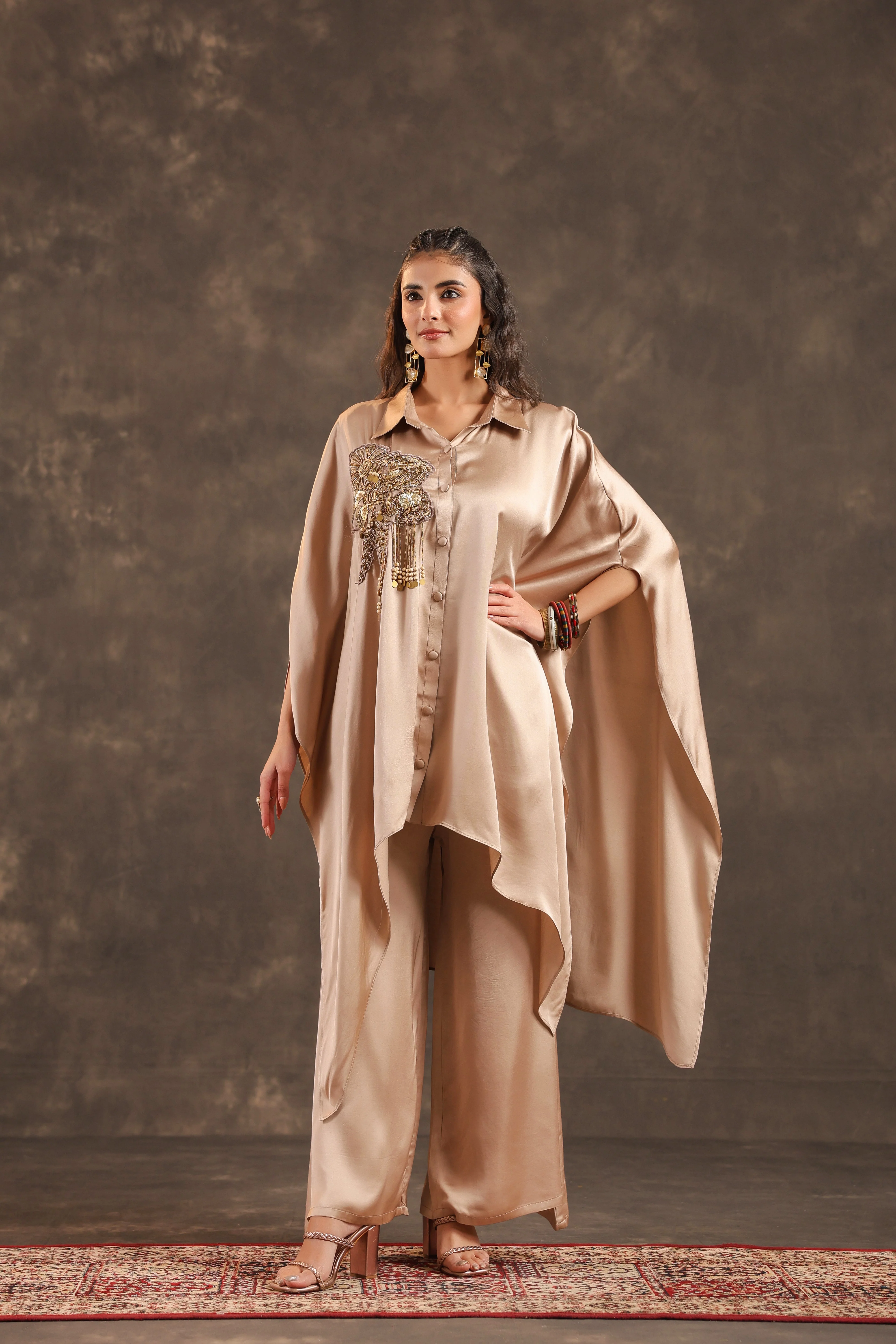 Metallic Beige Embellished Modal Satin Silk Co-Ord Set