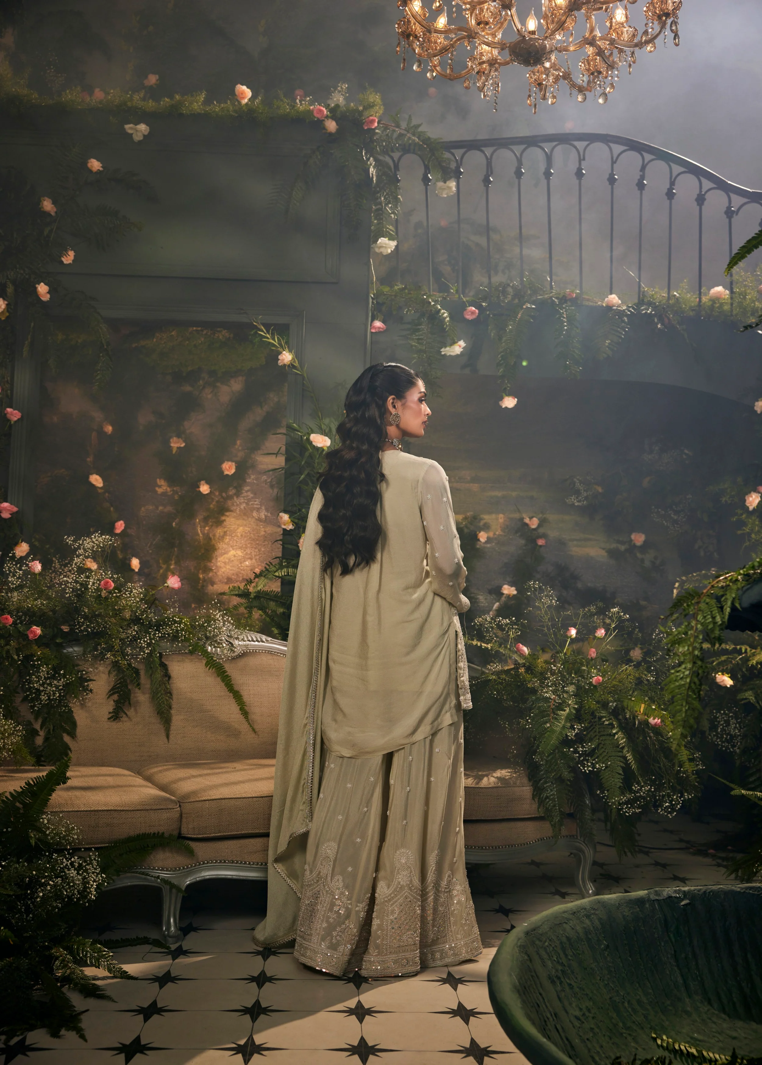 Pistachio Green Embellished Chinon Silk Palazzo Set - Image 3