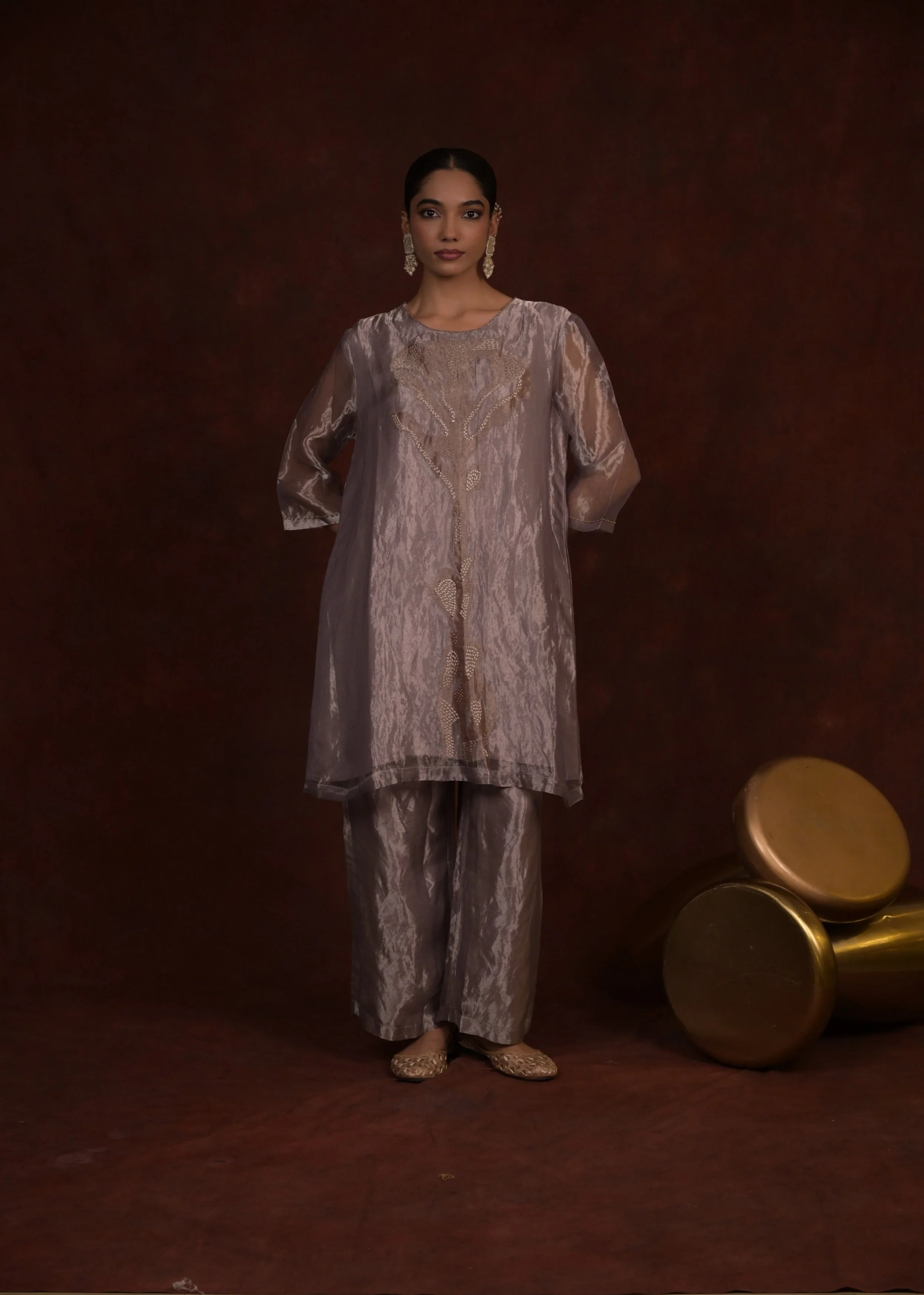 Mauve Vine Embellished Tissue Silk Kurta Set