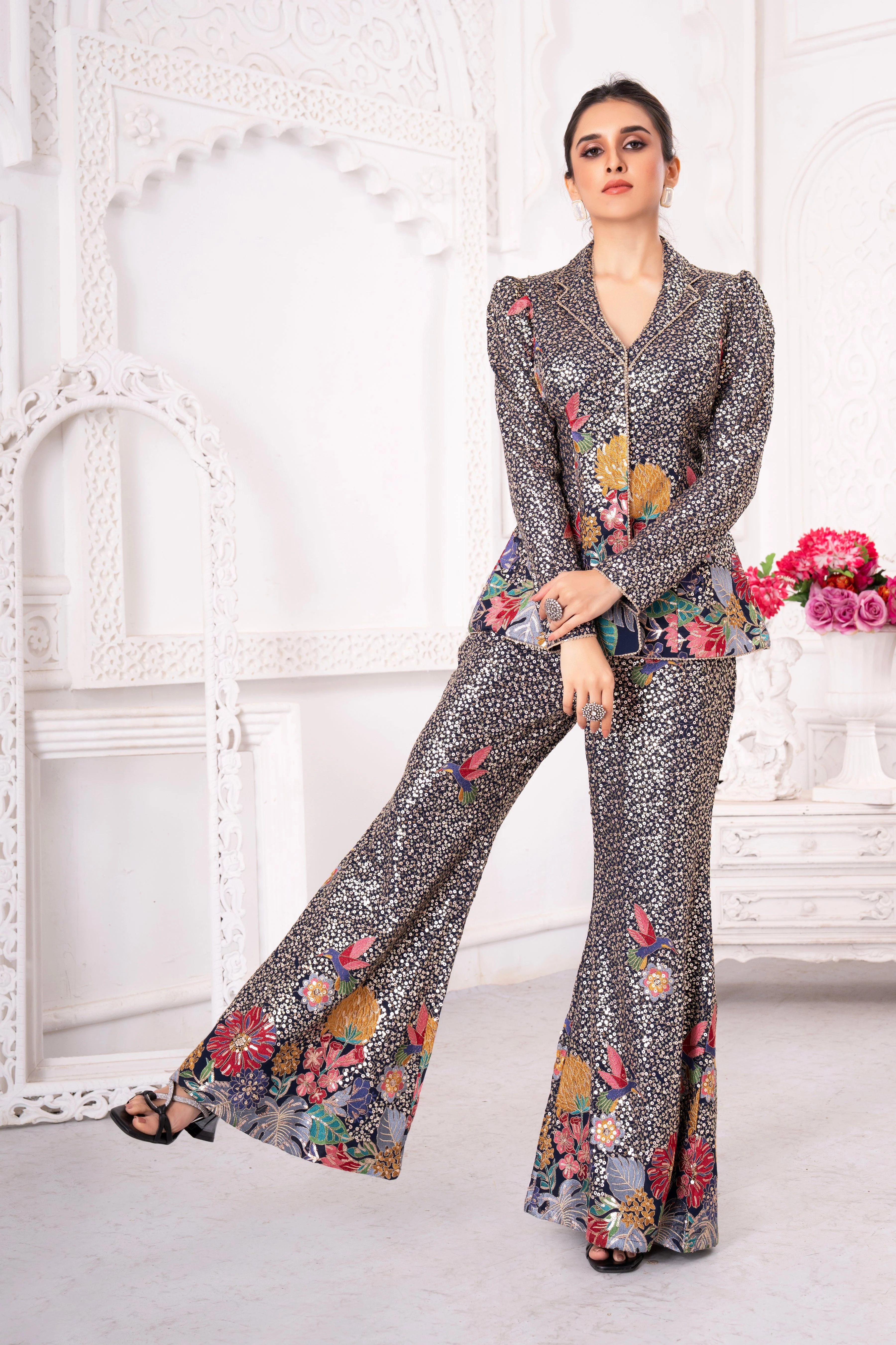 Starry Night Floral Handwork Blazer Co-Ord Set