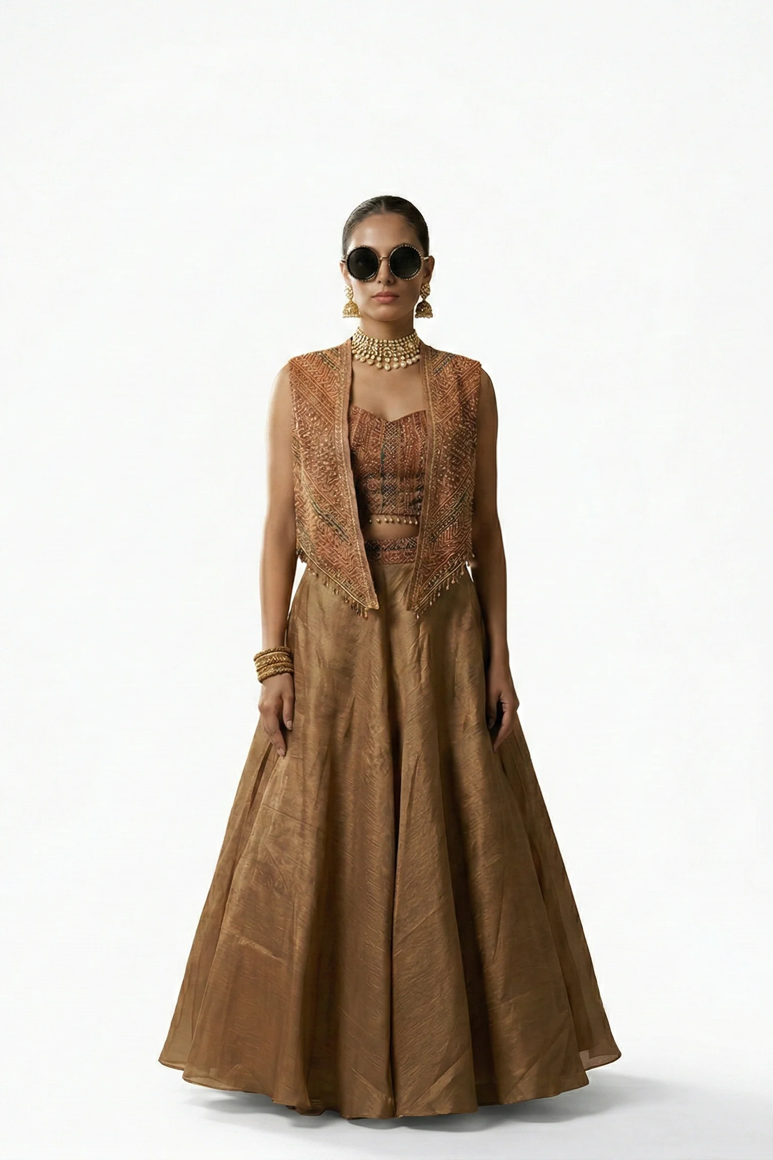 Earthy Amber Embellished Tissue Silk Skirt Set