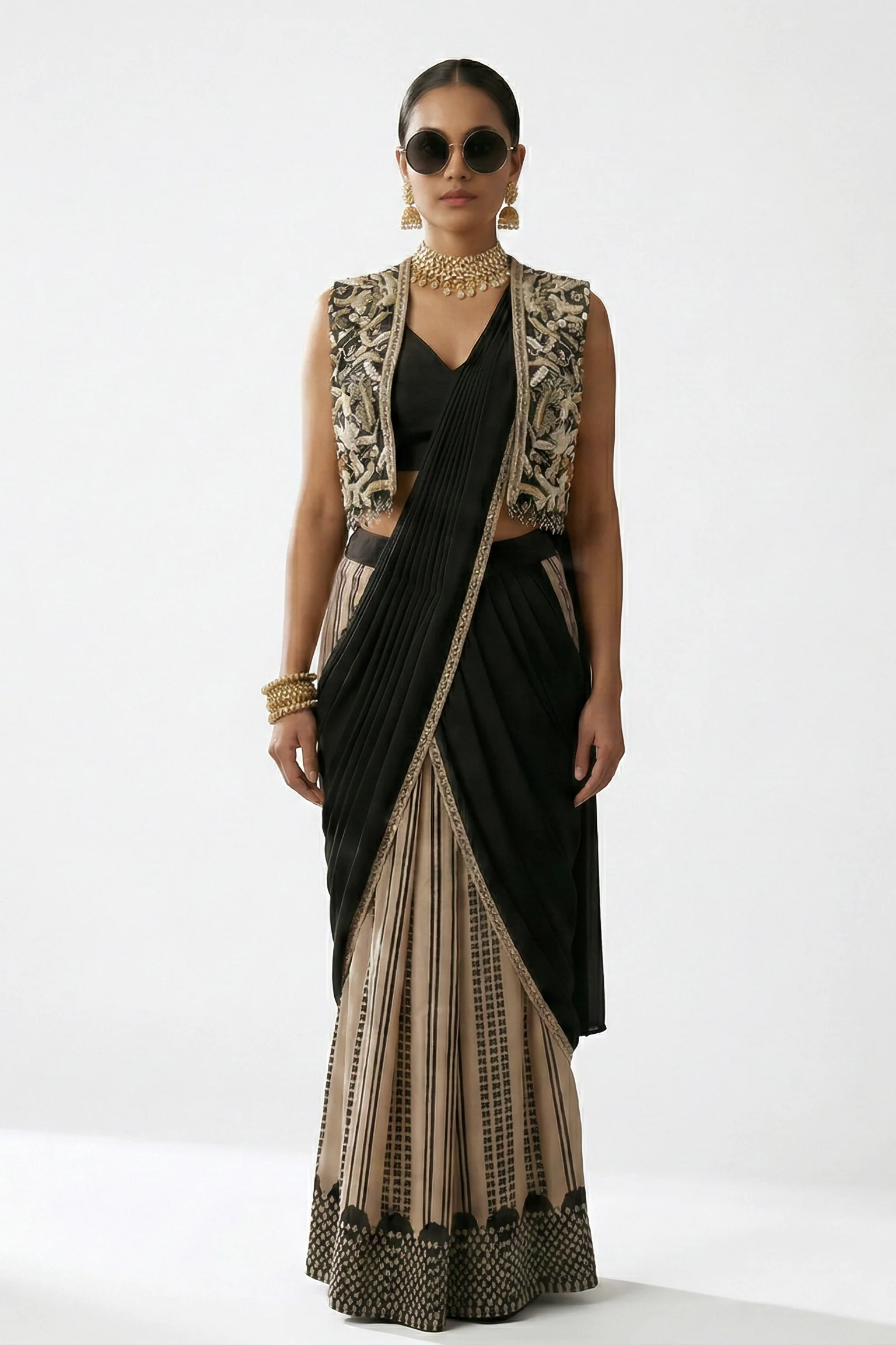 Midnight Noir Embellished Premium Silk Pre-Draped Saree