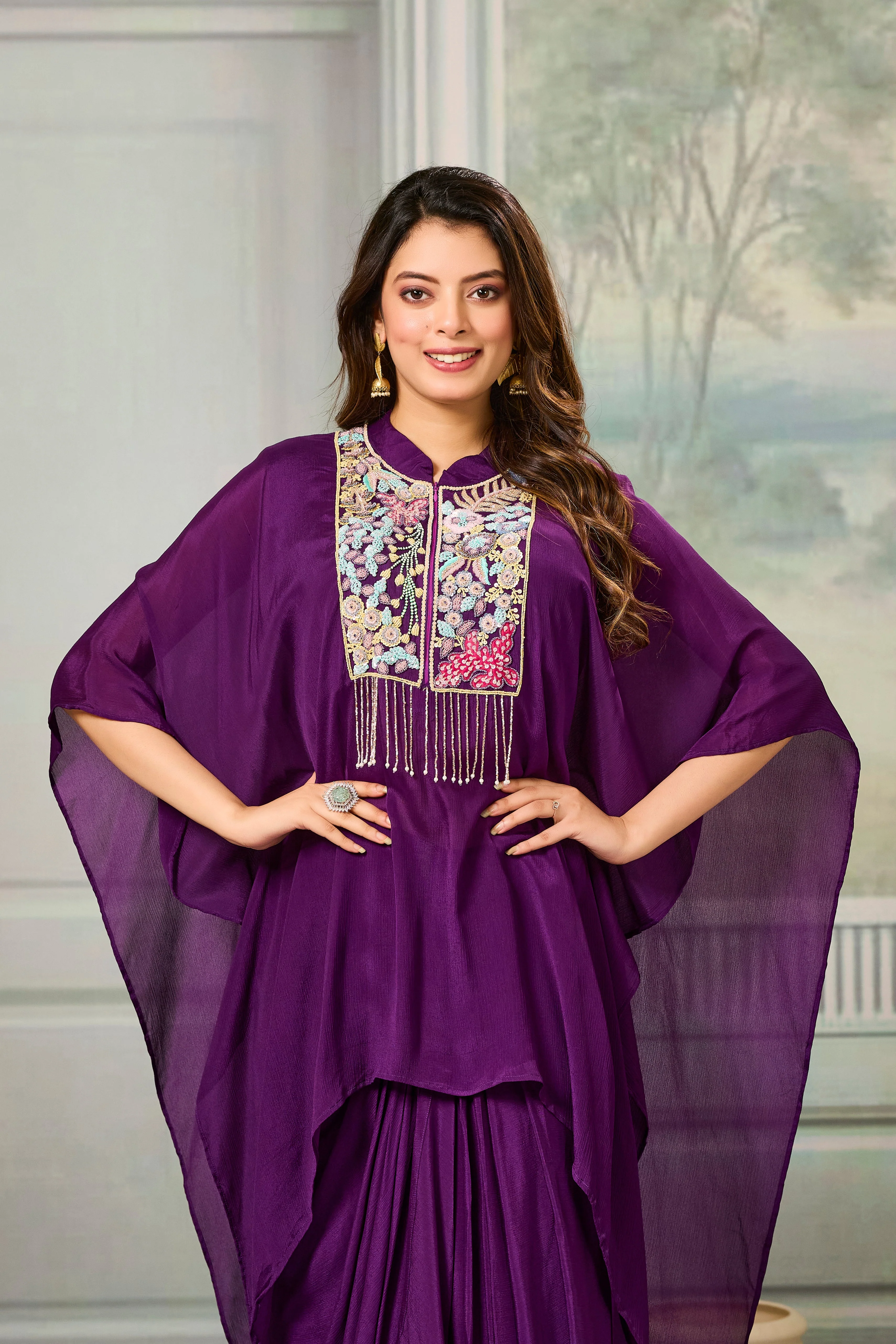 Purple Embroidered Chinon Silk Skirt Set - Image 2