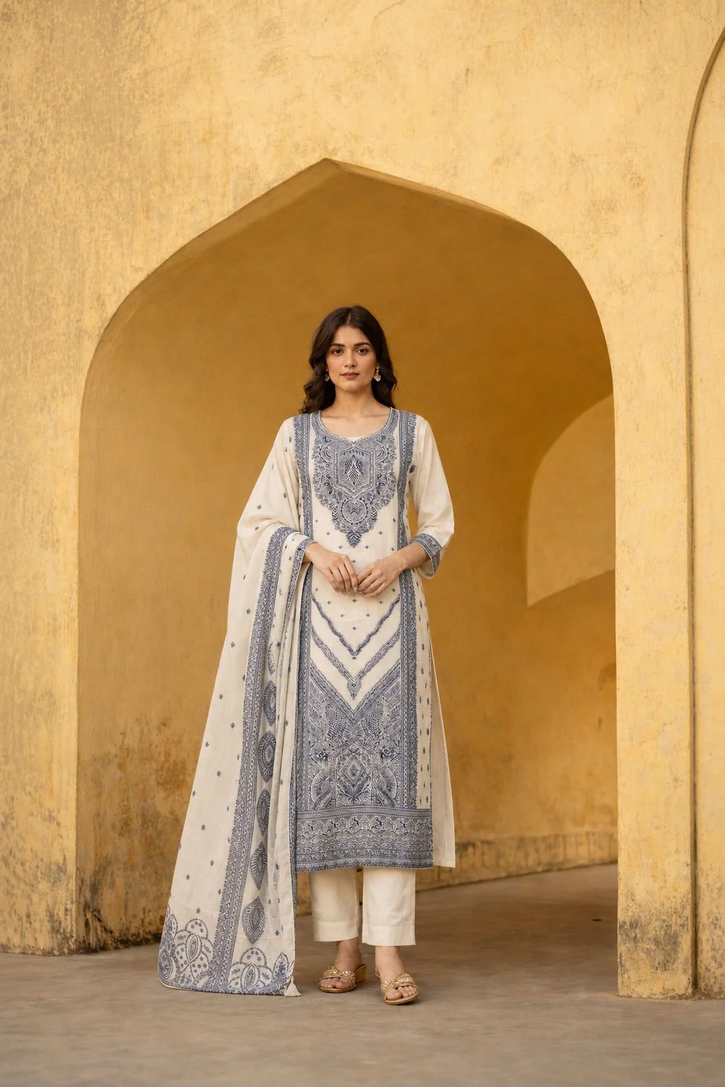 Ivory & Blue Pakistani Weave Cotton A-Line Pant Set - Image 2