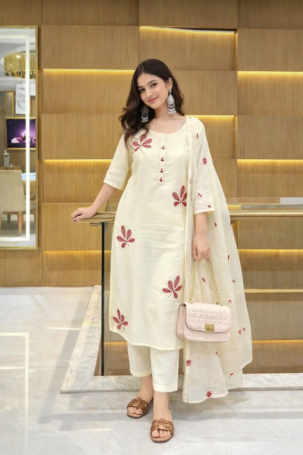Ivory Palm Embroidered Cotton Pant Set Set