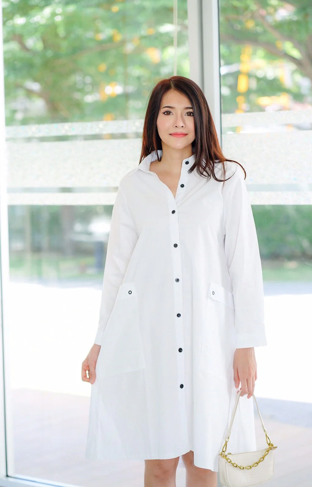White Lace-Up Back Cotton Shirt Dress - Image 2