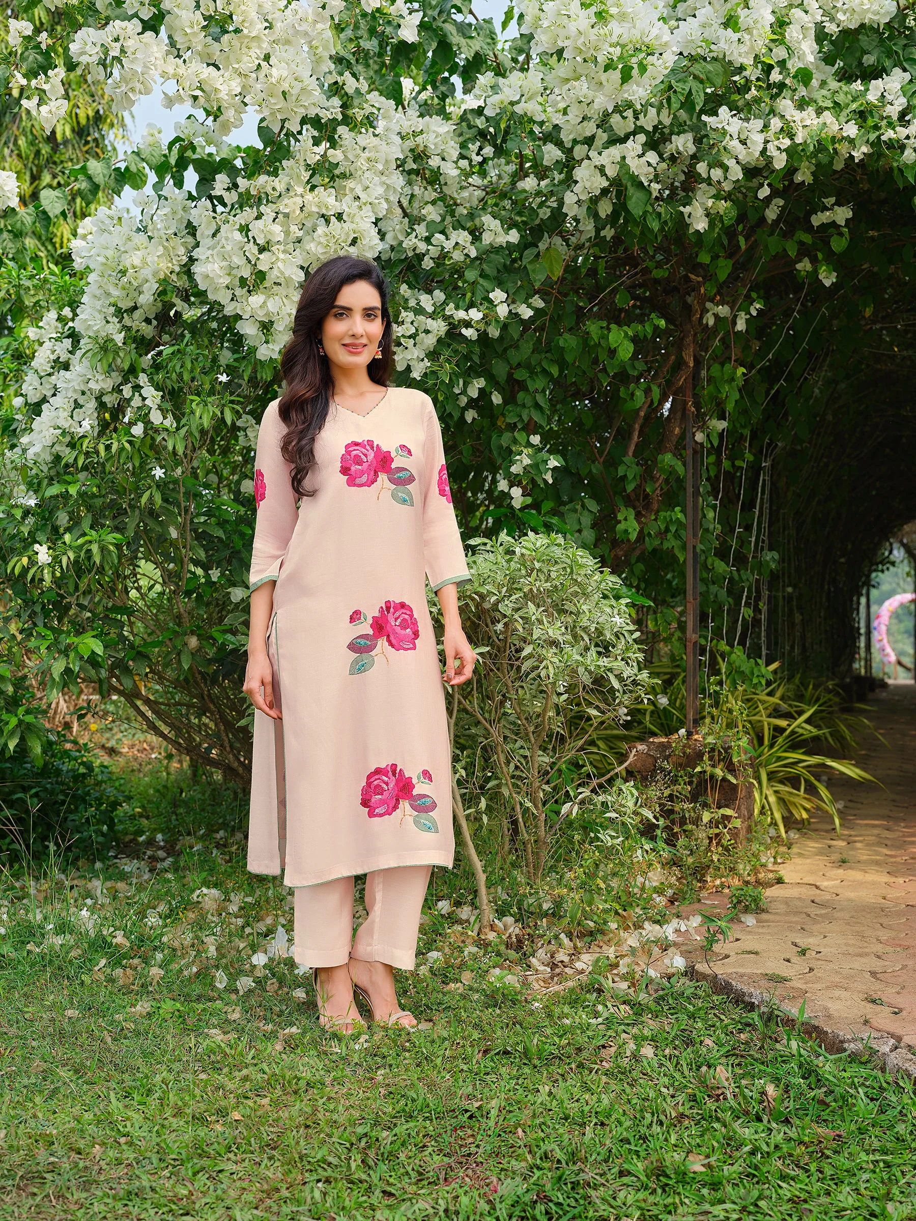 Light Pink Floral Embroidered Cotton Kurta Set