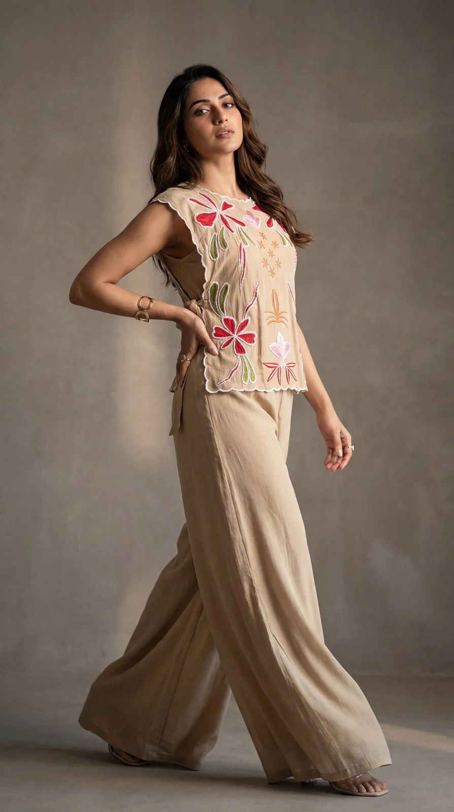 Sandstone Embroidered Crepe Silk Co-Ord Set