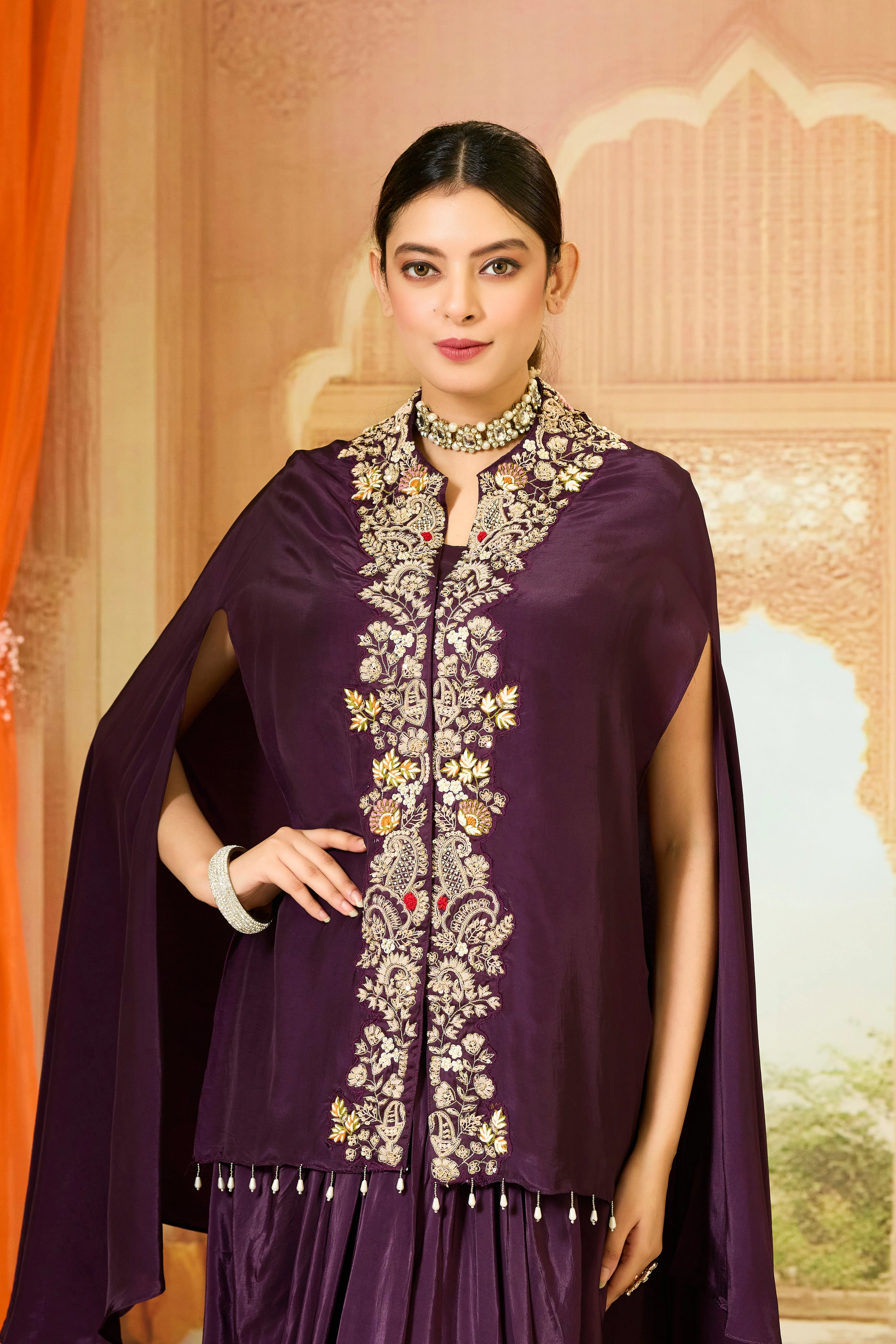 Burgundy Embroidered Crepe Silk Skirt Set - Image 2