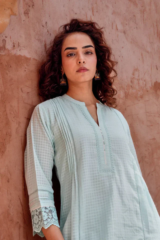 Powder Blue Checks Mul-Cotton Kurta Set - Image 2