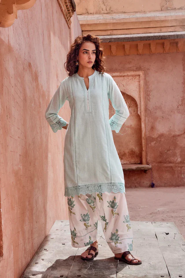 Powder Blue Checks Mul-Cotton Kurta Set - Image 3