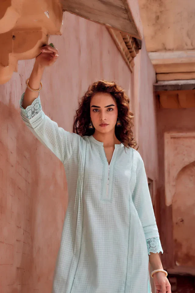 Powder Blue Checks Mul-Cotton Kurta Set - Image 4