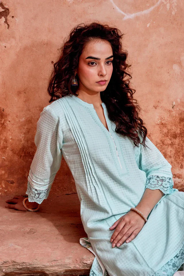 Powder Blue Checks Mul-Cotton Kurta Set - Image 6
