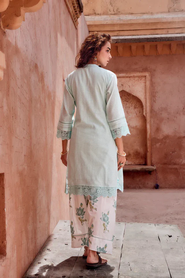 Powder Blue Checks Mul-Cotton Kurta Set - Image 7
