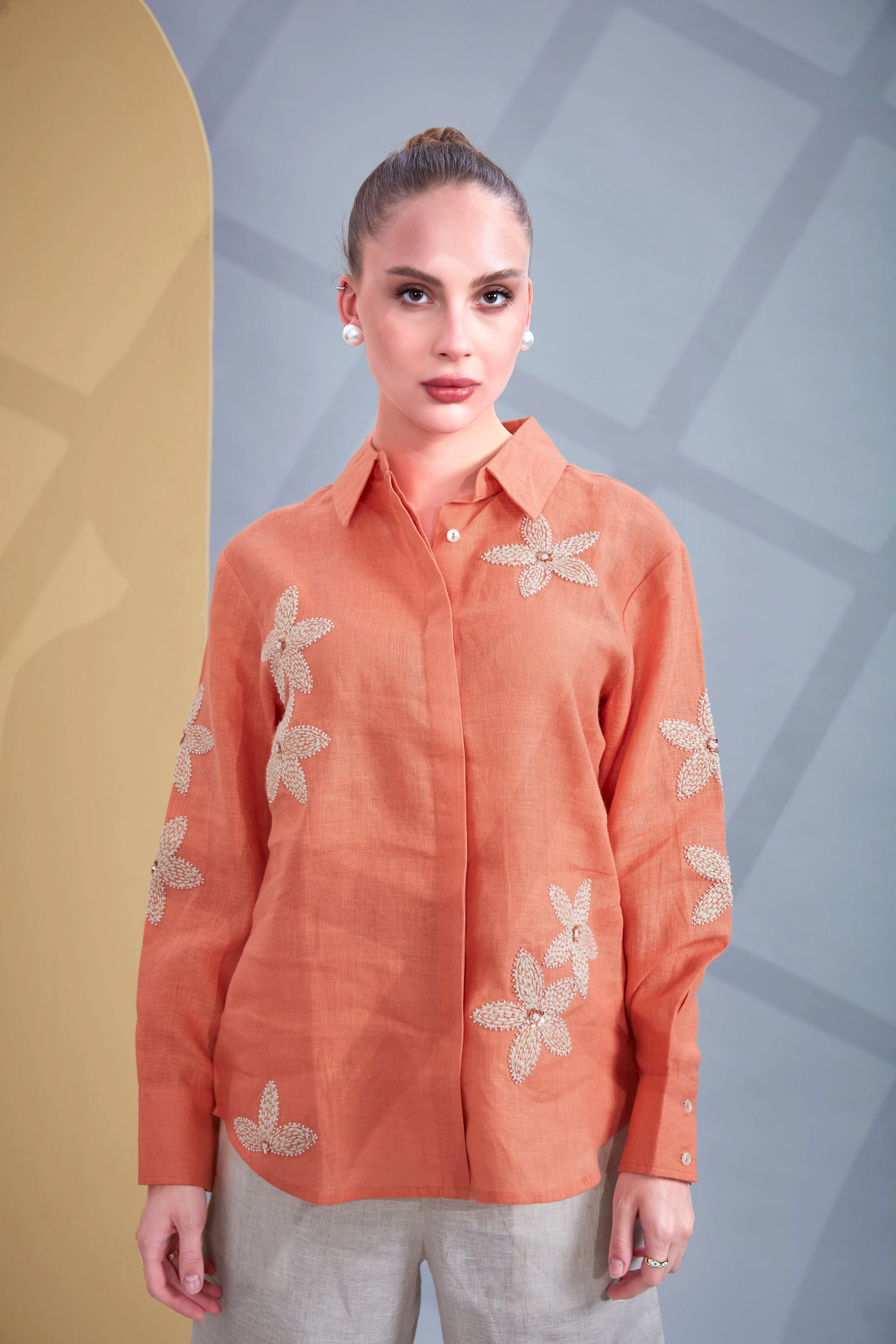 Coral Glow Embroidered Linen Co-Ord Set - Image 2