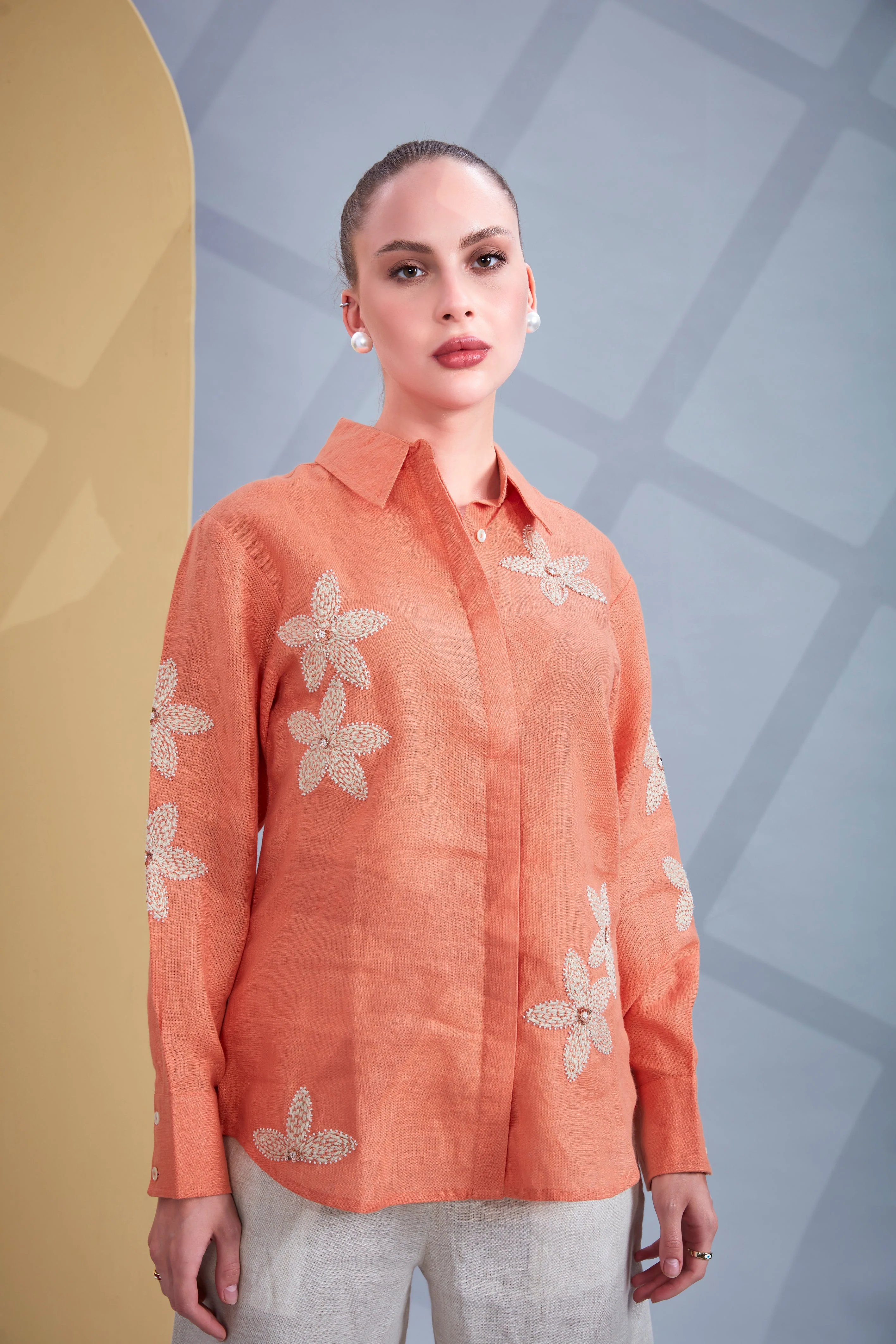 Coral Glow Embroidered Linen Co-Ord Set - Image 3