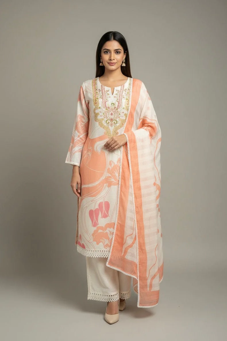 Peach & Cream Floral Embroidered Linen Pant Set