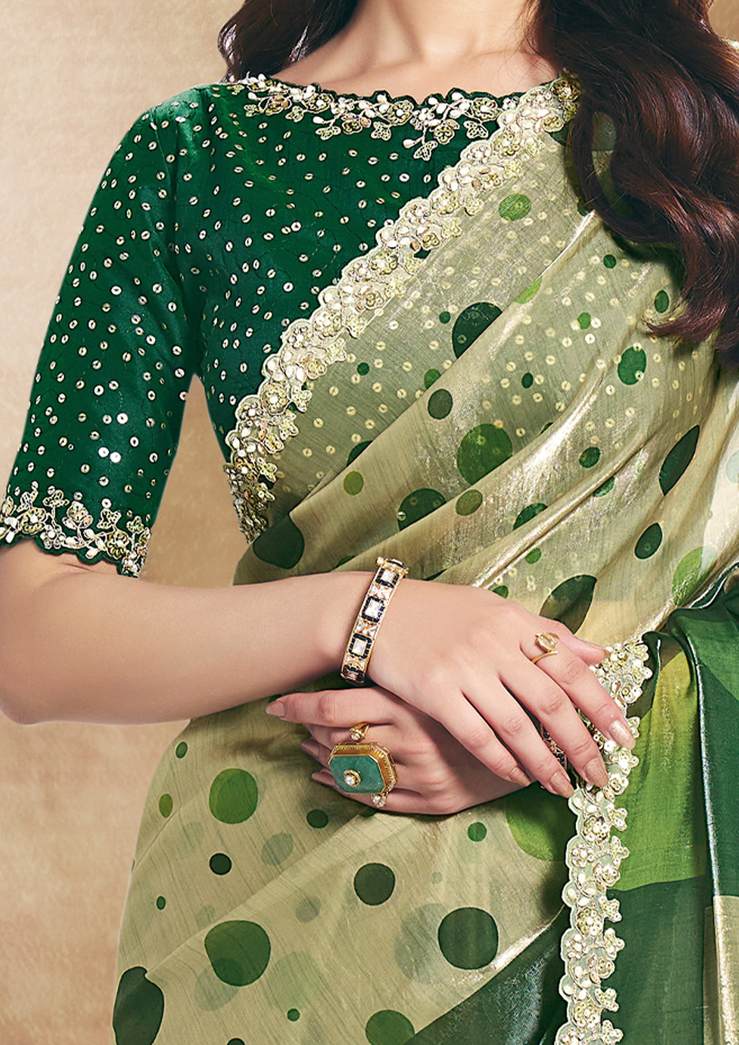 Emerald Embellished Crepe Tissue Silk Saree - Image 3