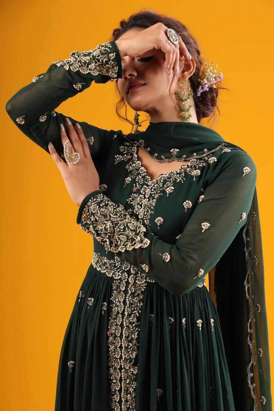 Emerald Green Hand Embroidered Kurta &amp; Palazzo With Dupatta - Image 2