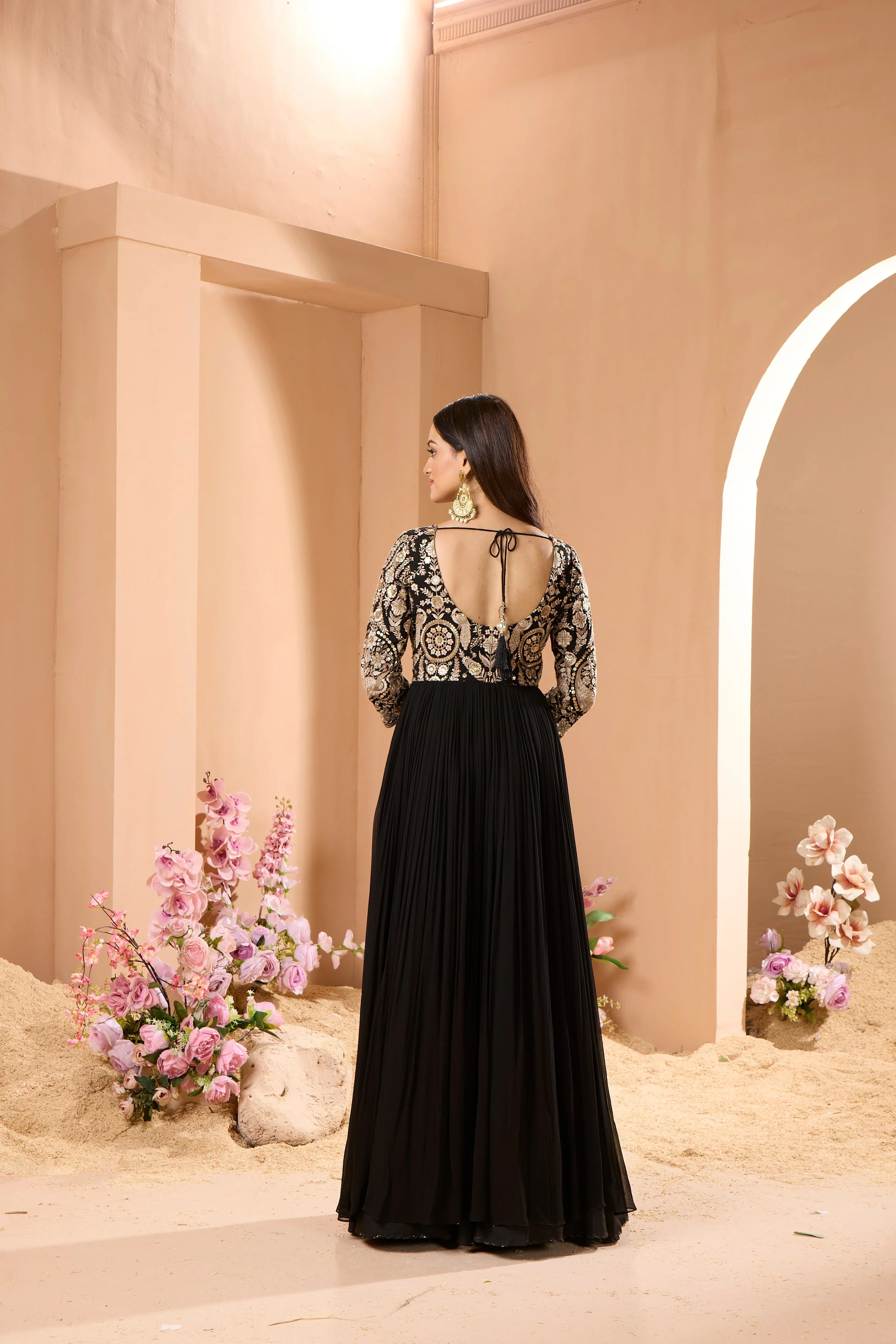 Royal Black Floral Embroidered Georgette Silk Anarkali Set - Image 3
