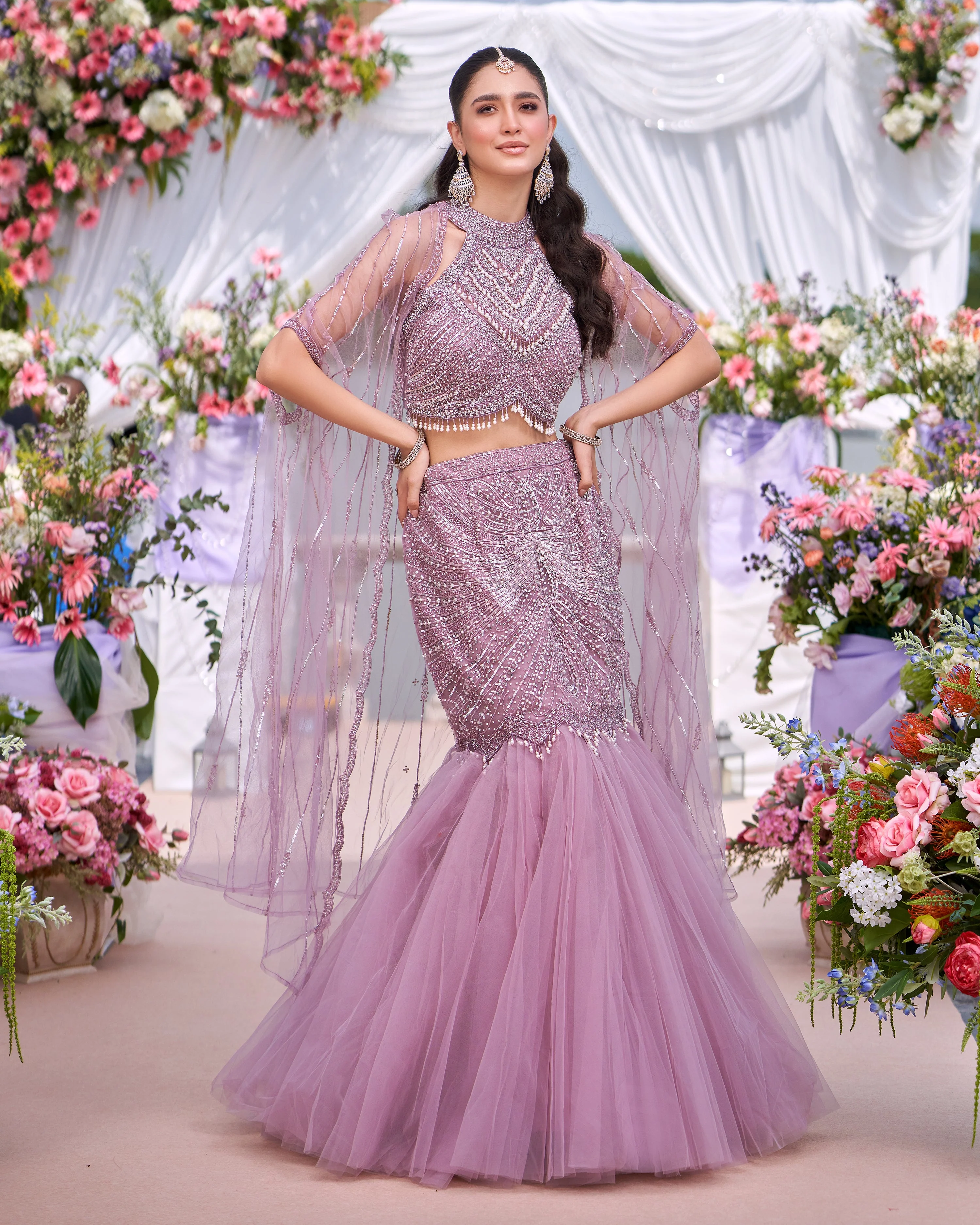 Pale Pink Embellished Premium Net Skirt Set