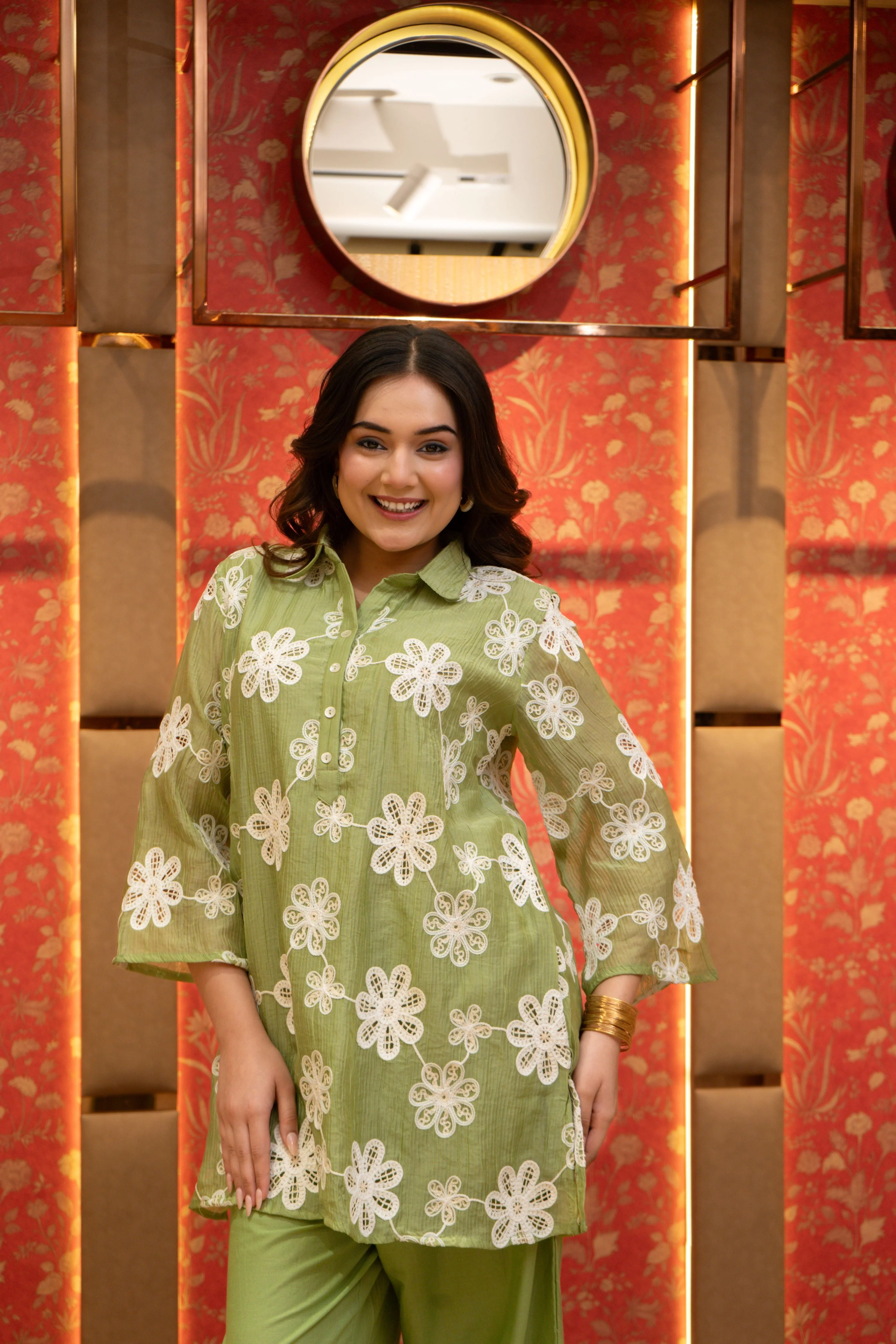 Flora Green Embroidered Soft Organza Co-Ord Set - Image 2