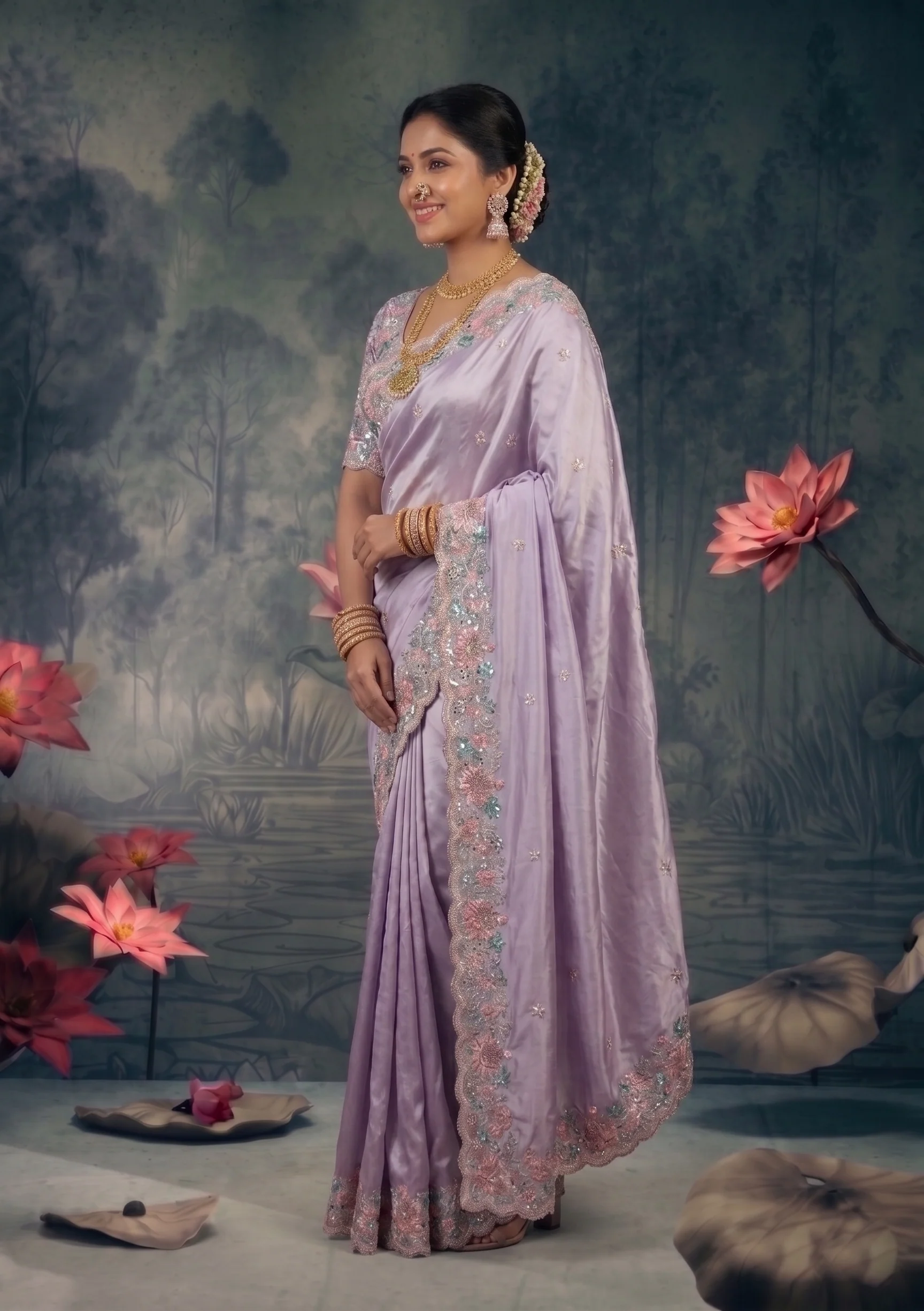 Flora Lilac Embellished Satin Silk Saree - Image 3