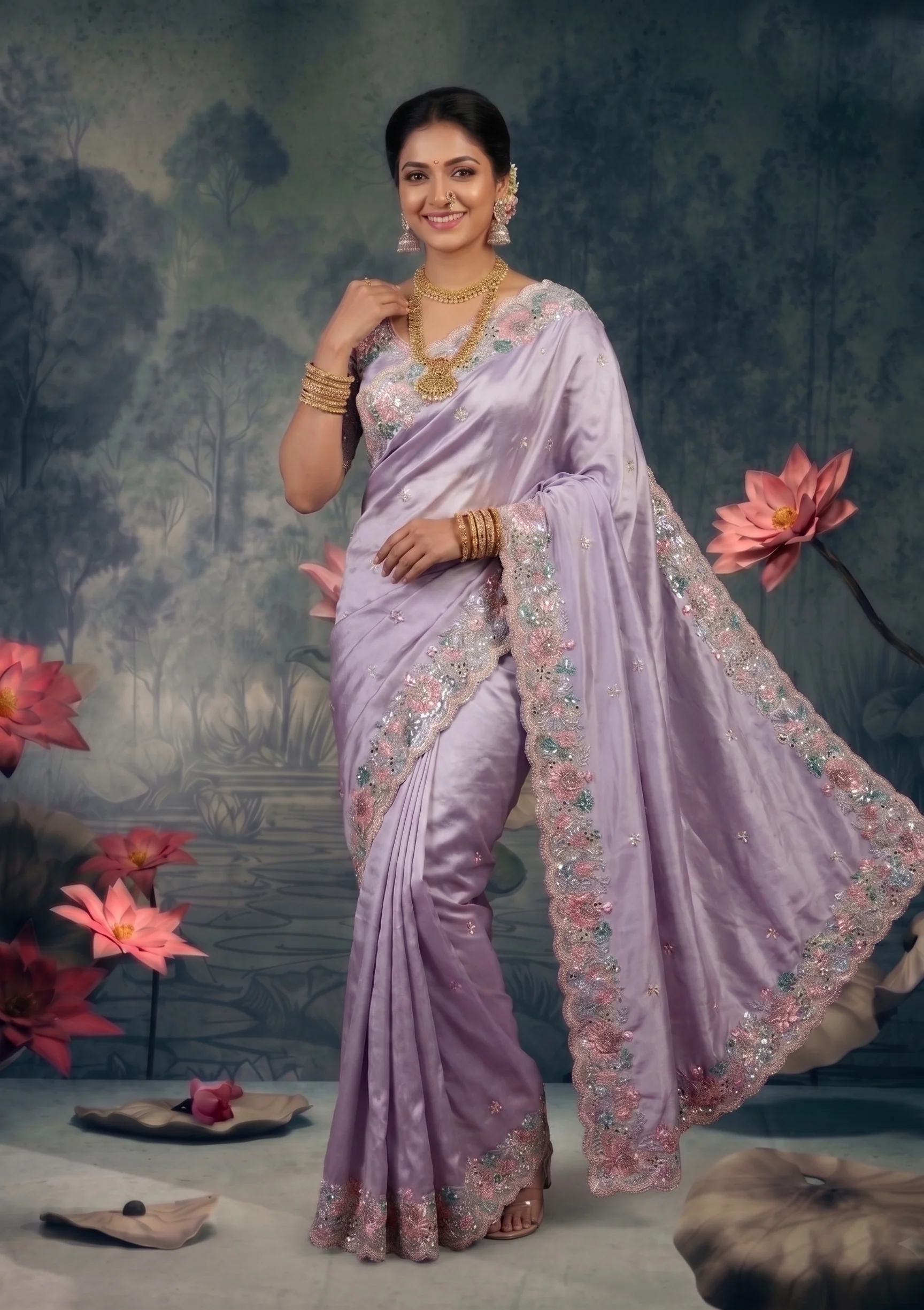 Flora Lilac Embellished Satin Silk Saree - Image 4