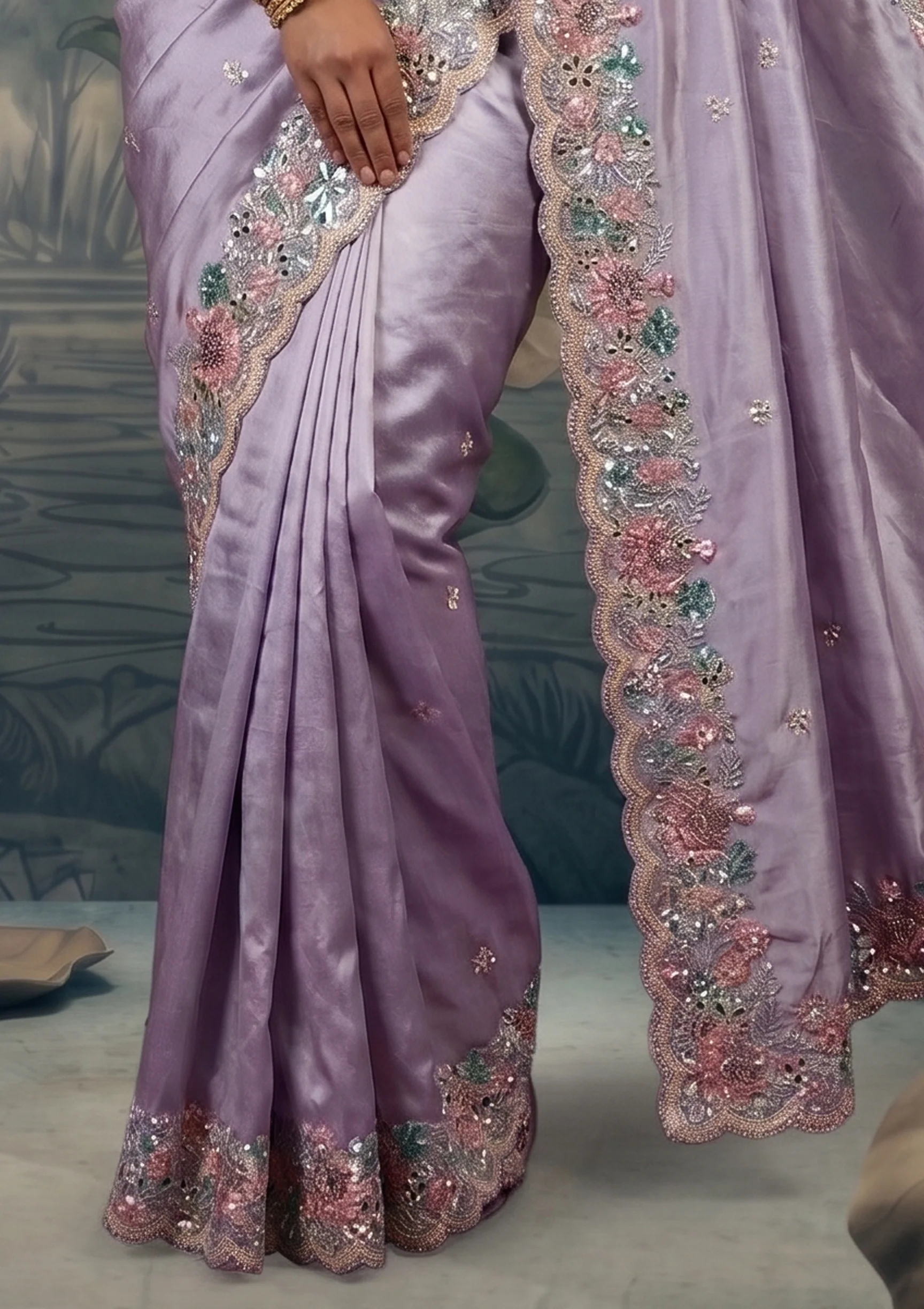 Flora Lilac Embellished Satin Silk Saree - Image 5