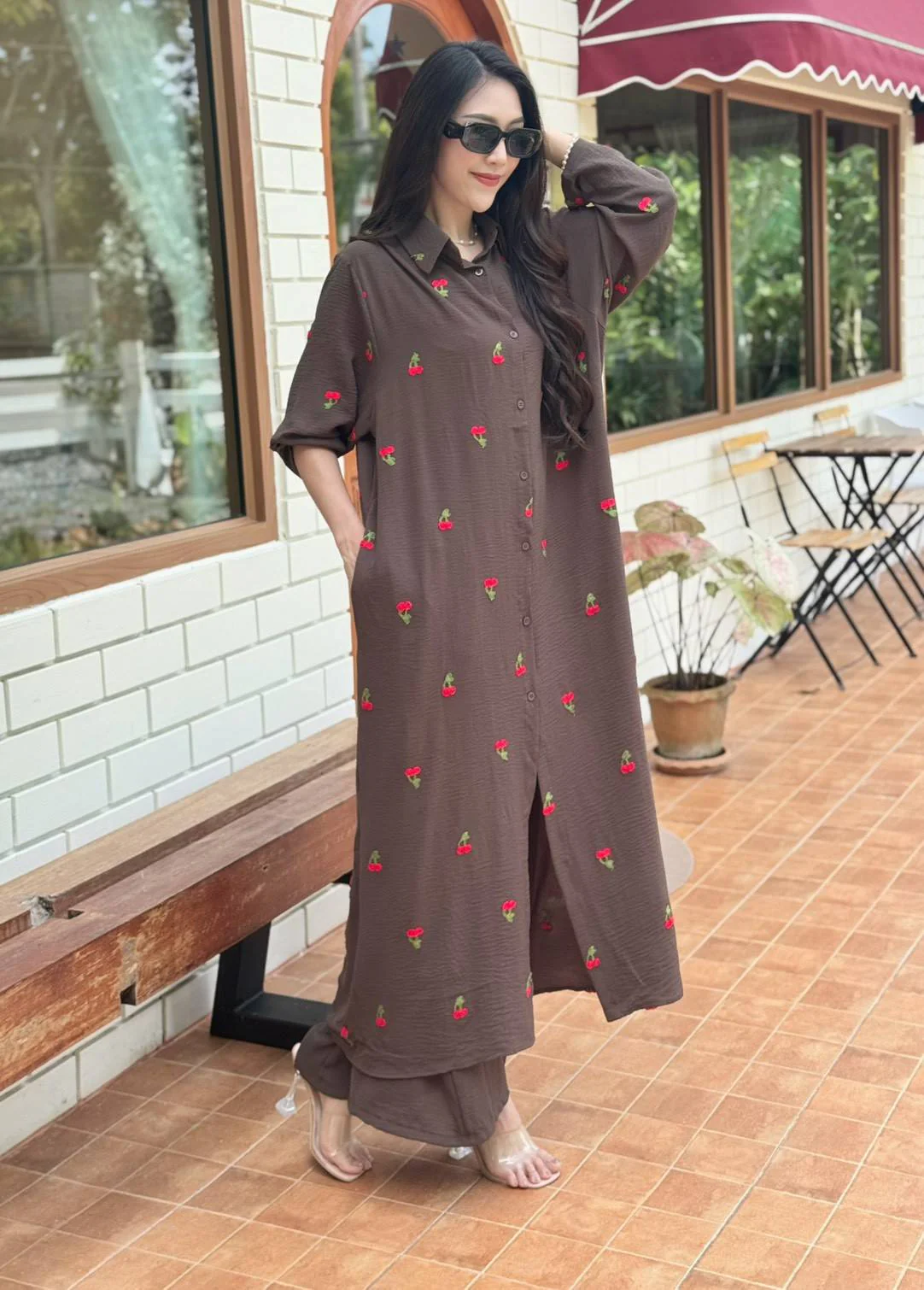 Chocolate Brown Floral Embroidered Cotton Co-ord Set - Image 2