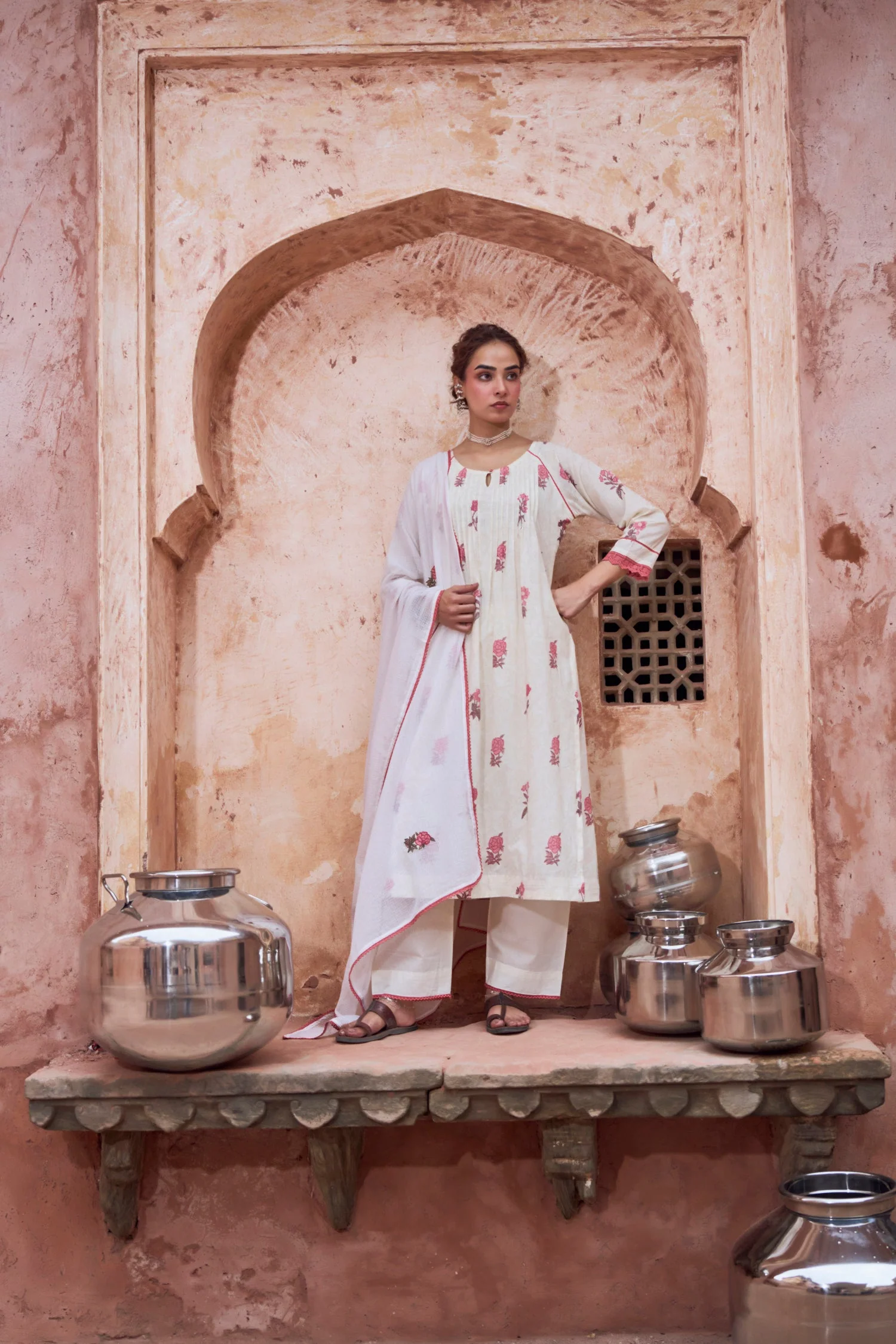 Roseate Bloom Off-White Printed Mul-Cotton Pant Set