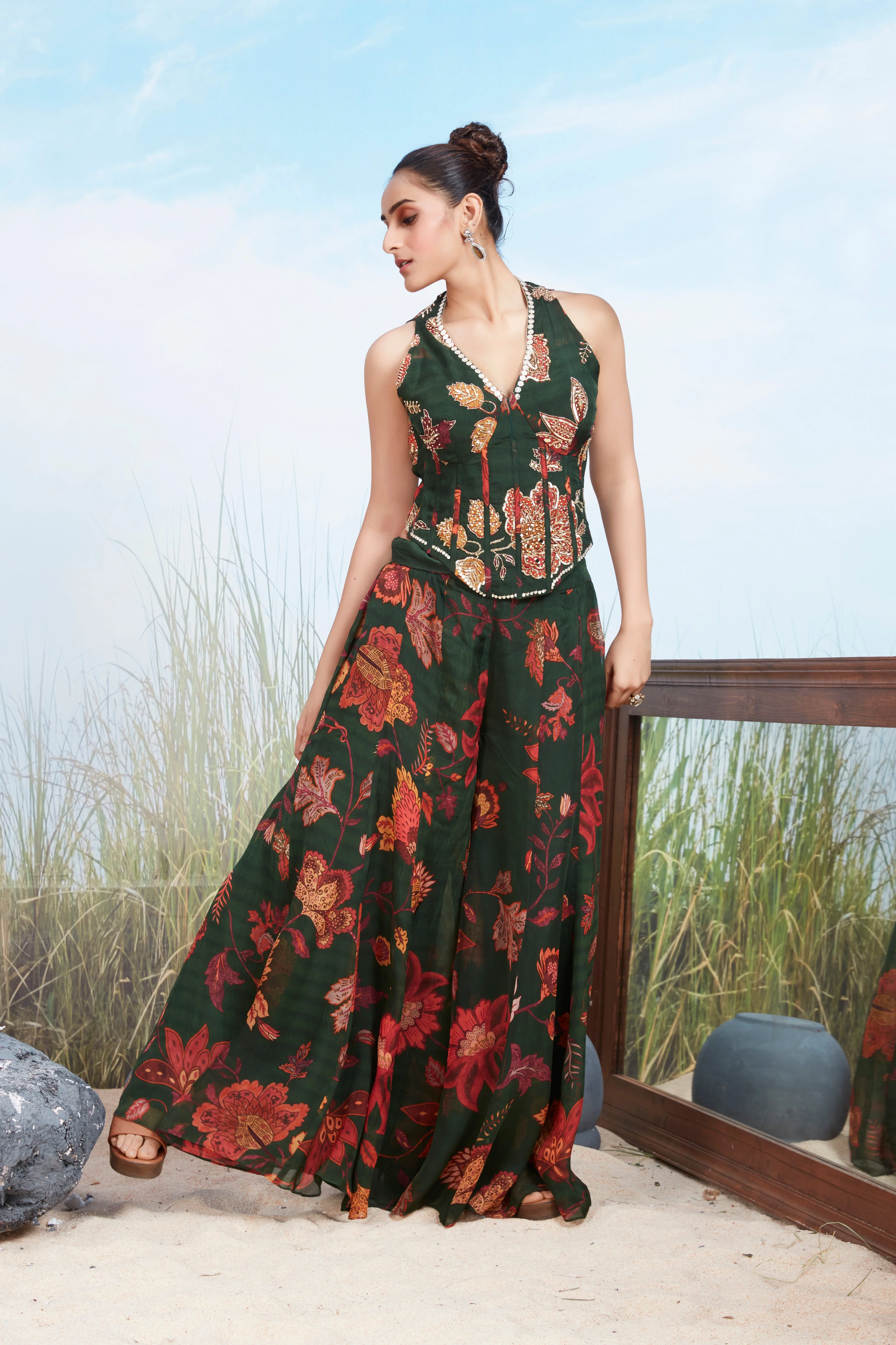 Forest Green Printed Georgette Silk Palazzo Set