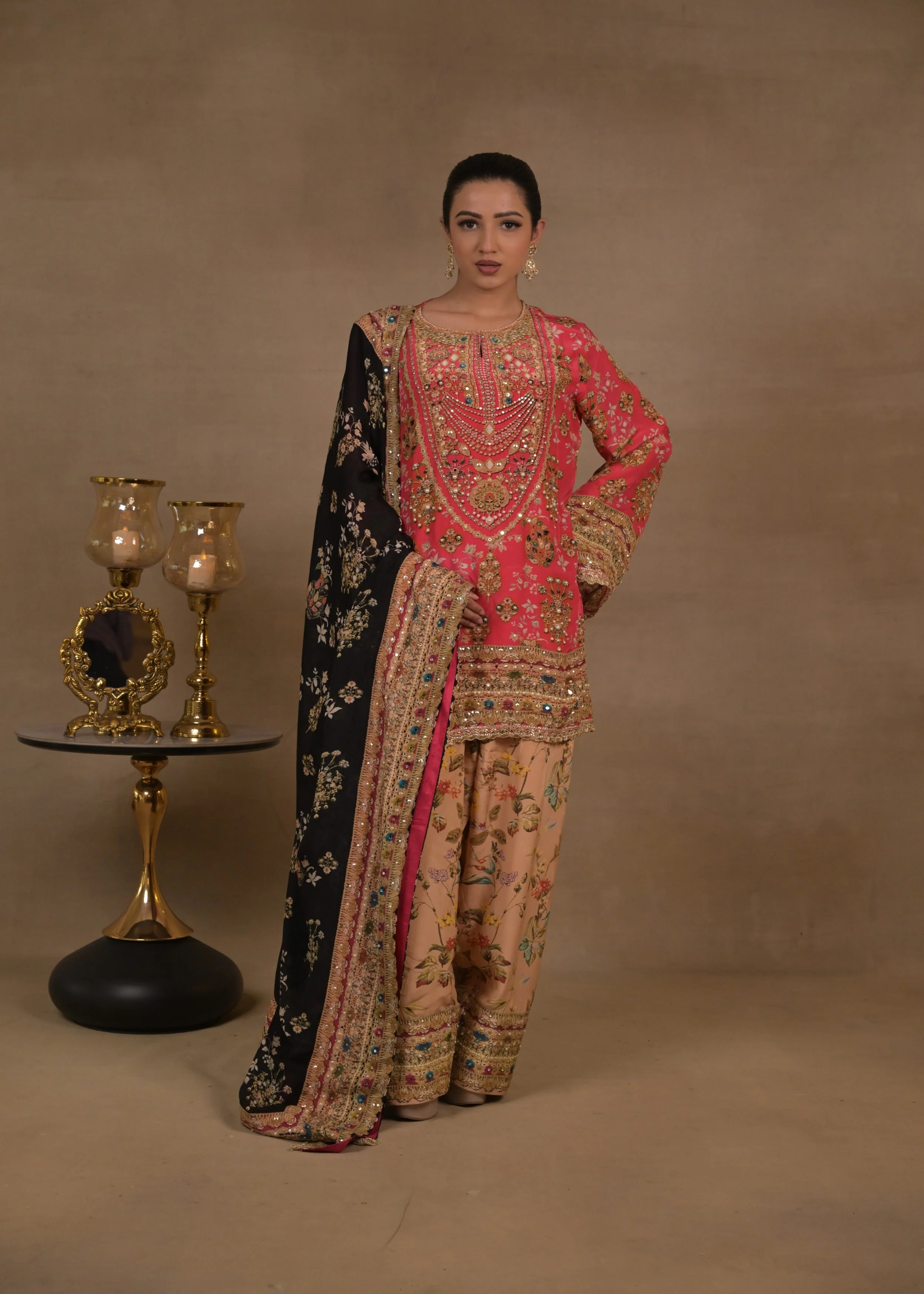 Fuchsia Heritage Embellished Crepe Silk Pant Set