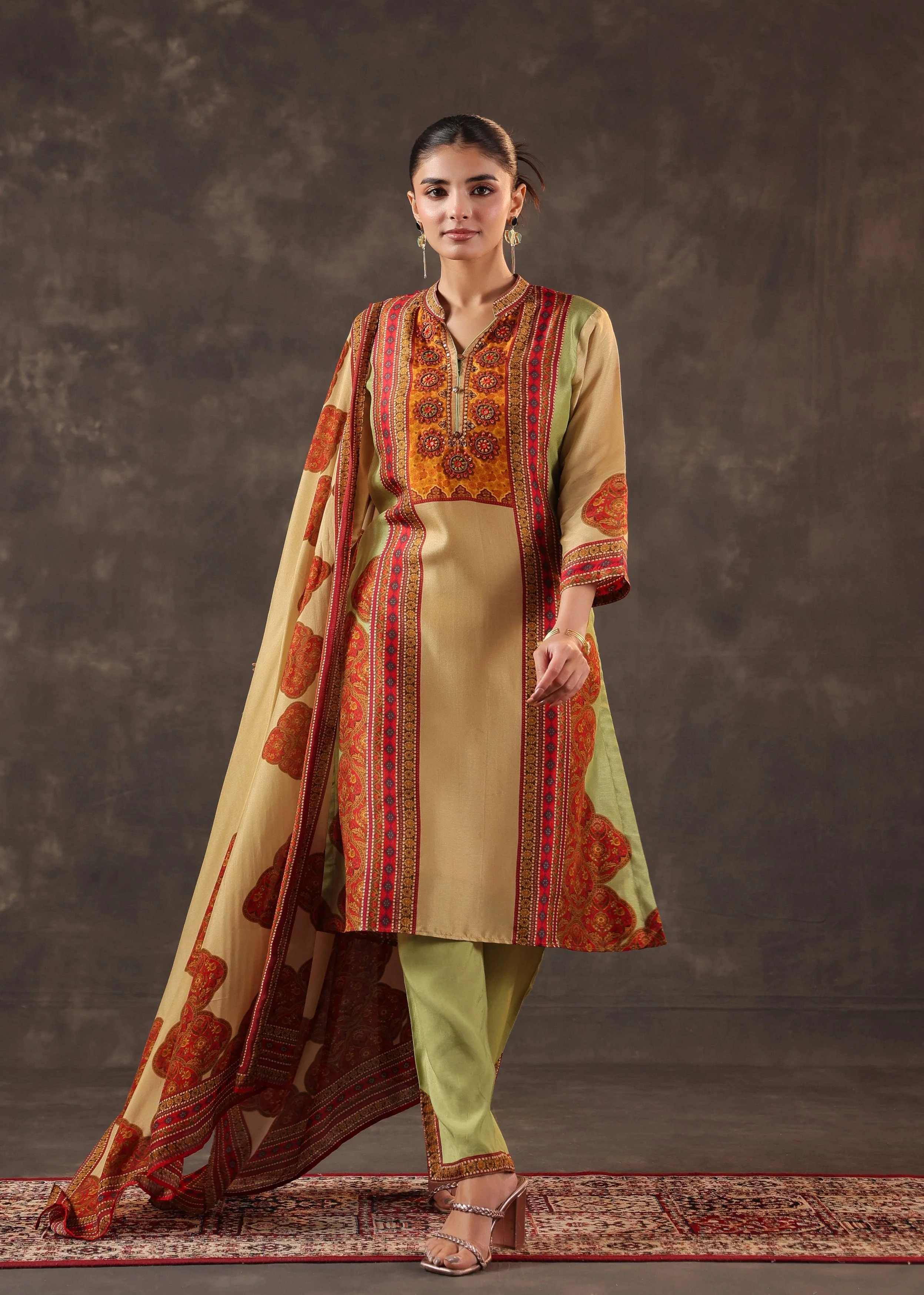 Garnet Gold Printed Premium Silk Pant Set - Image 2