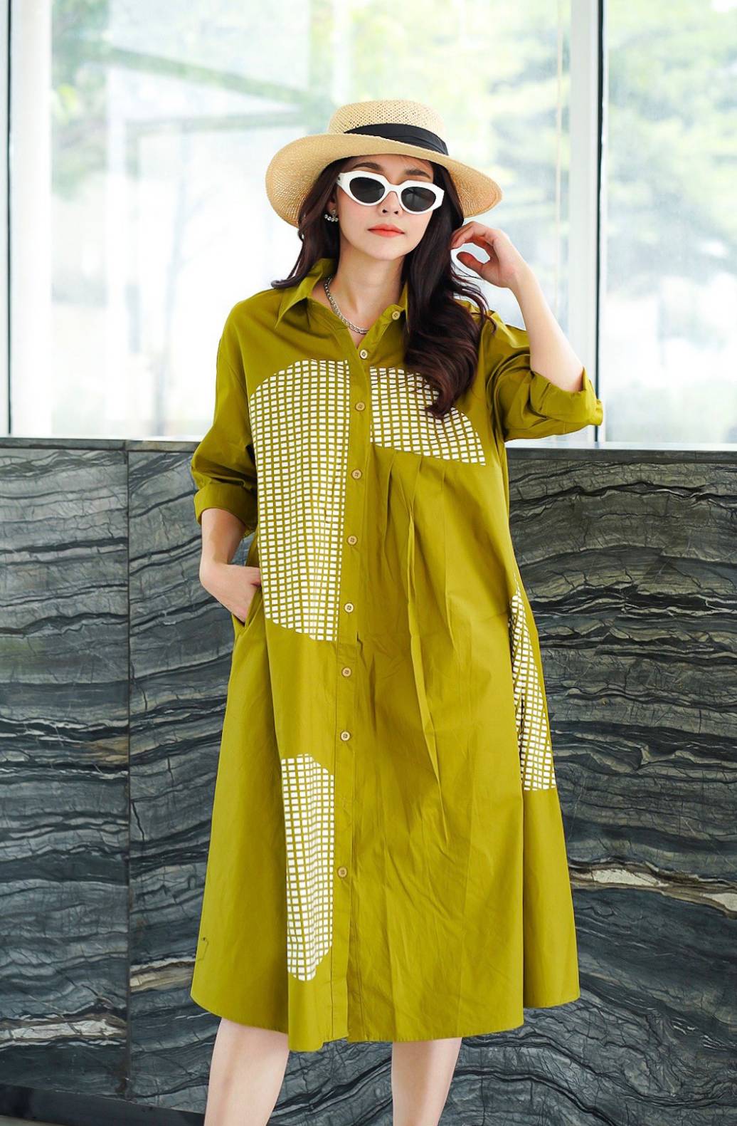Olive Mustard Geometric Printed Cotton Dress - Image 2