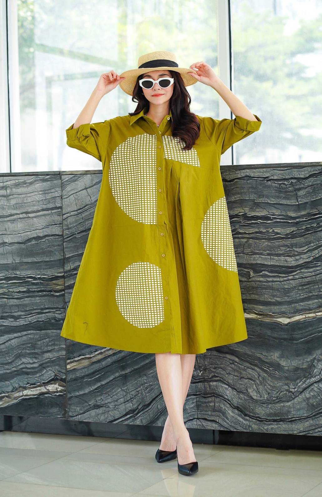 Olive Mustard Geometric Printed Cotton Dress - Image 3