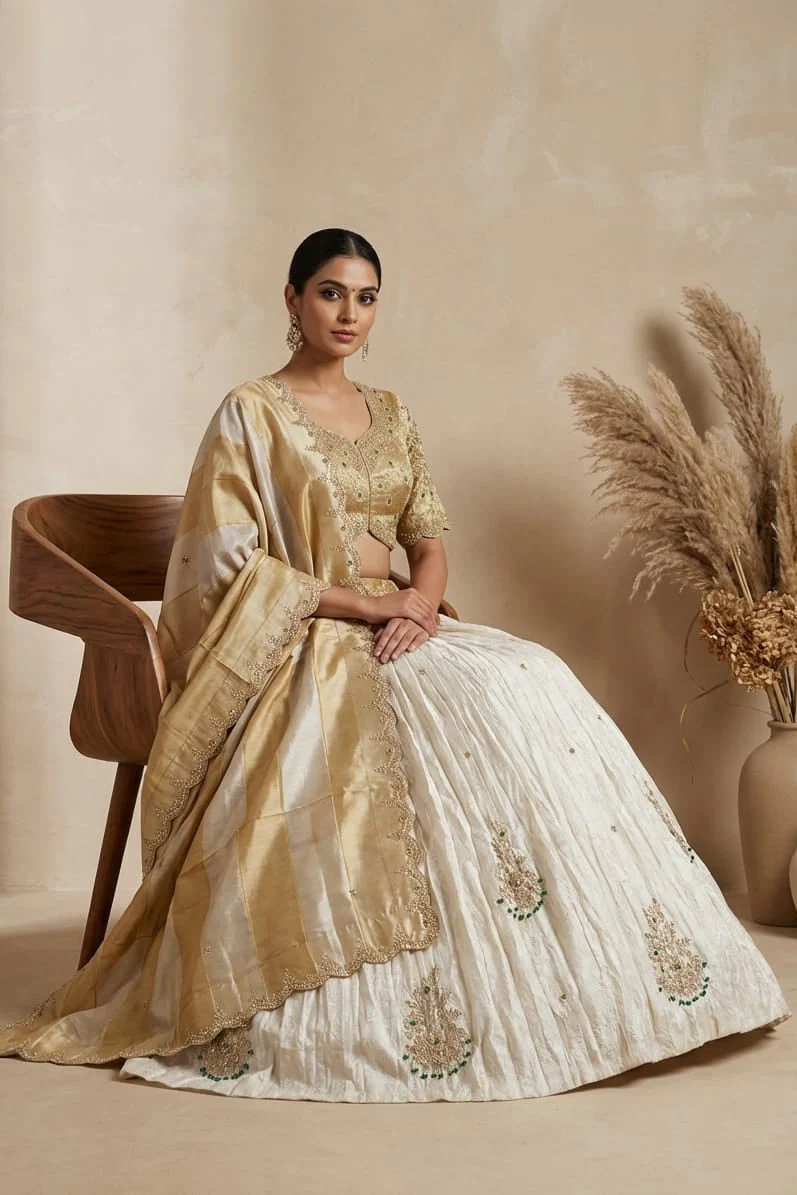 Gilded Ivory Embellished Tissue Silk Lehenga Set - Image 2