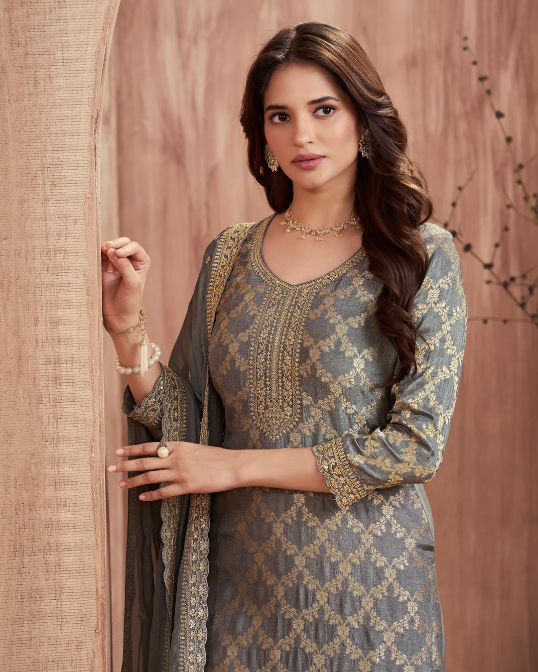 Steel Glow Embellished Dola Silk Pant Set - Image 2
