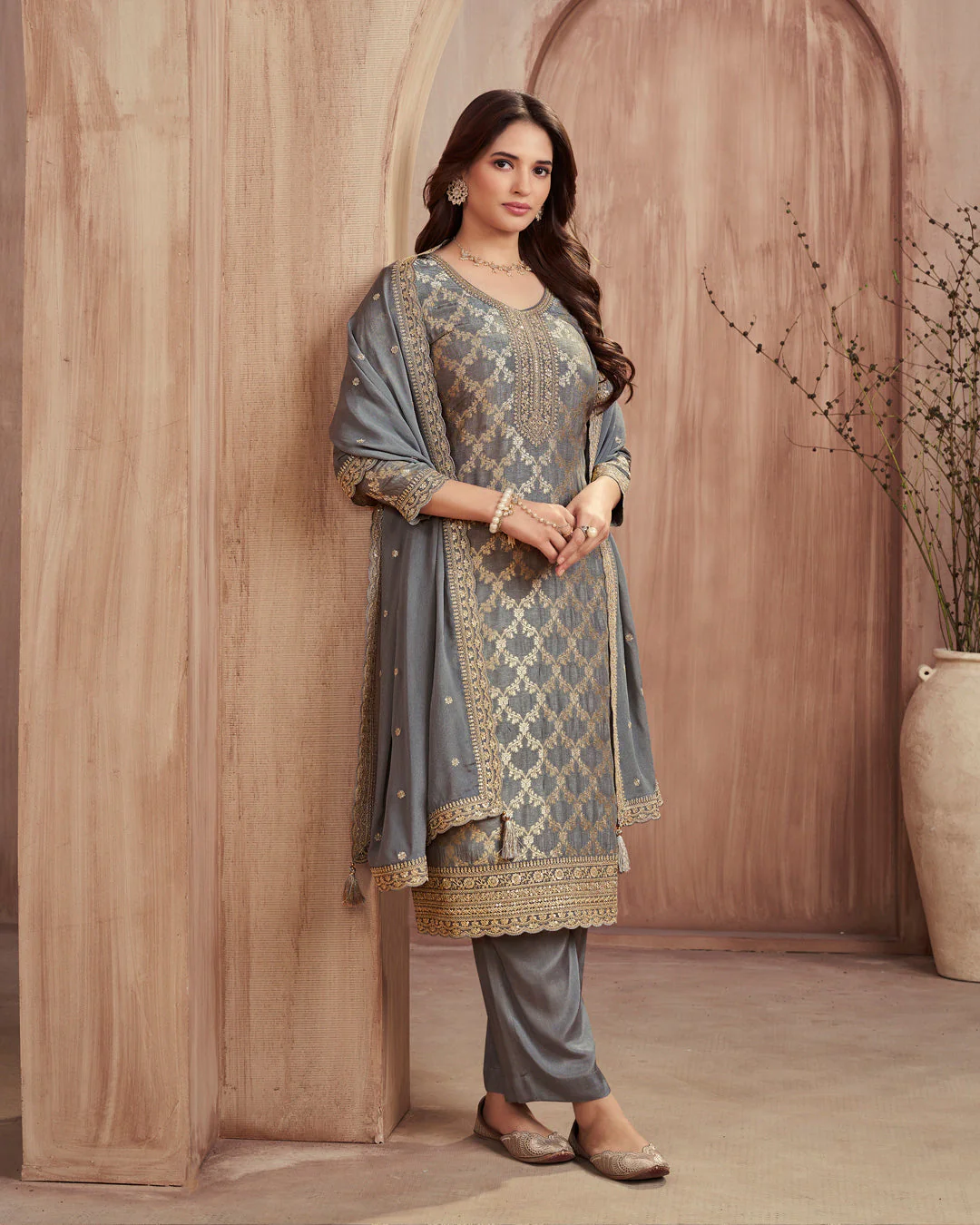 Steel Glow Embellished Dola Silk Pant Set - Image 5