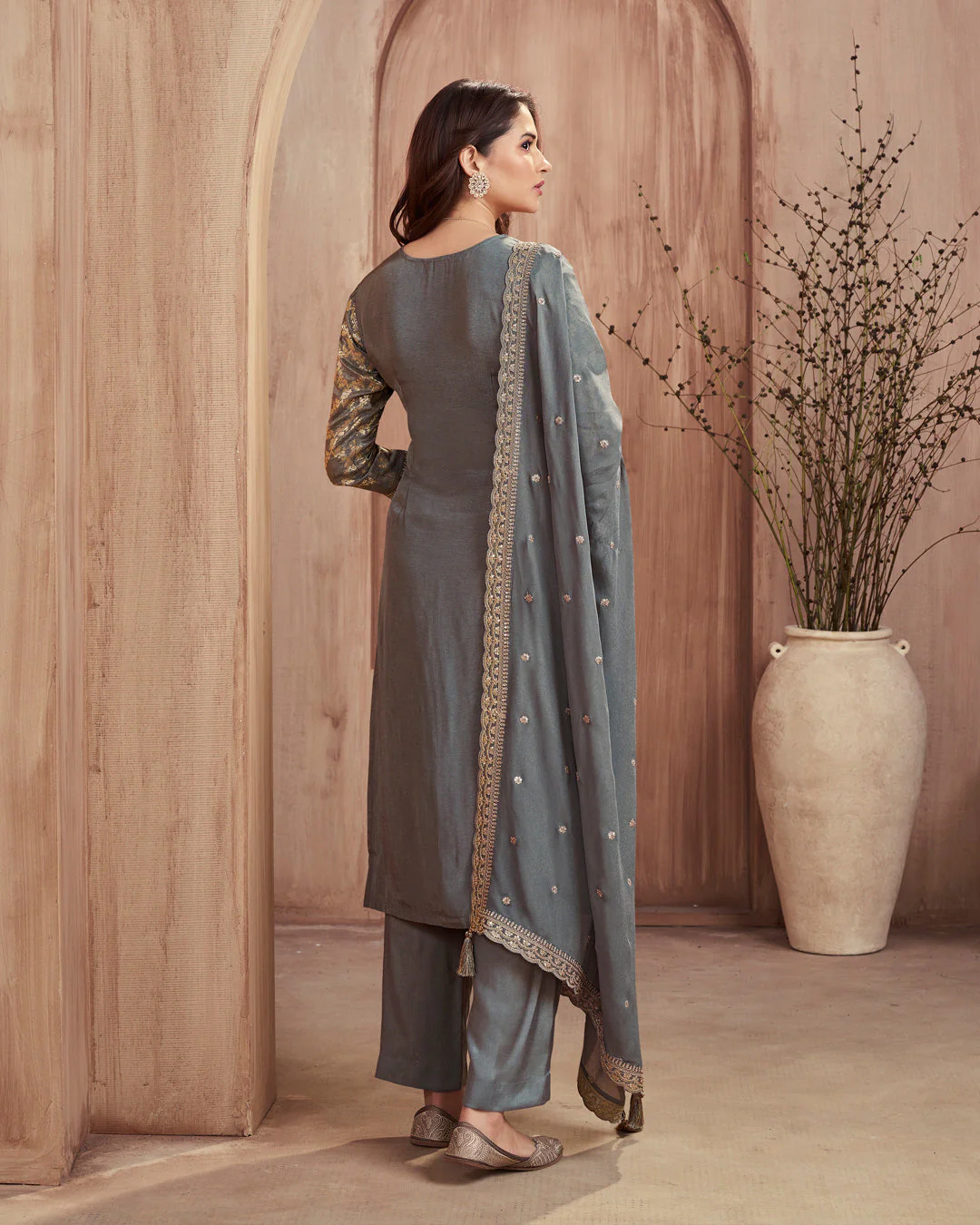 Steel Glow Embellished Dola Silk Pant Set - Image 6